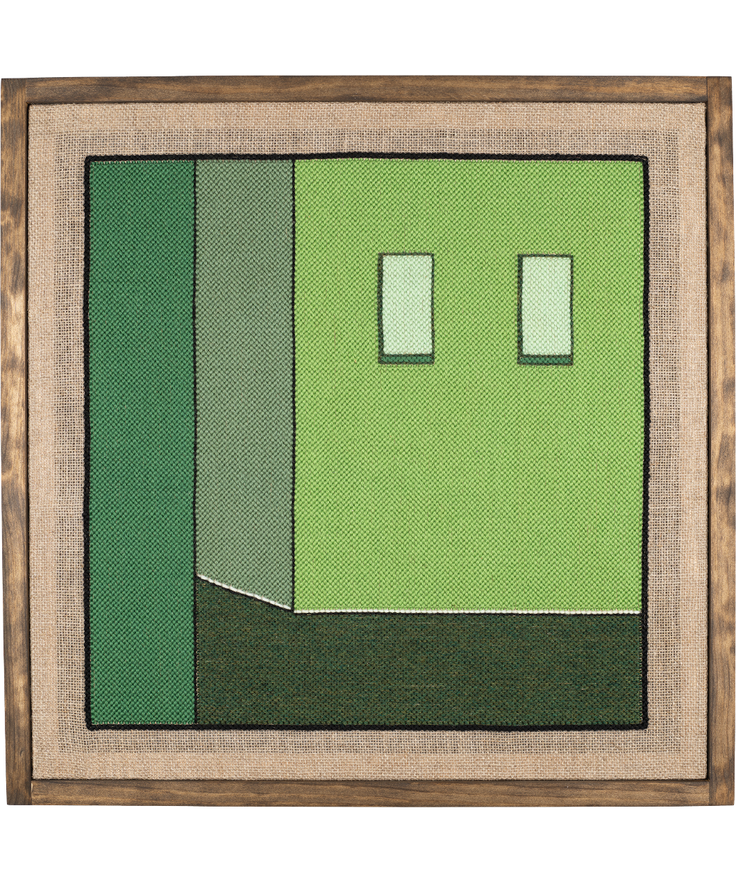 punch needle fiber art work of a liminal space in a rich green palatte