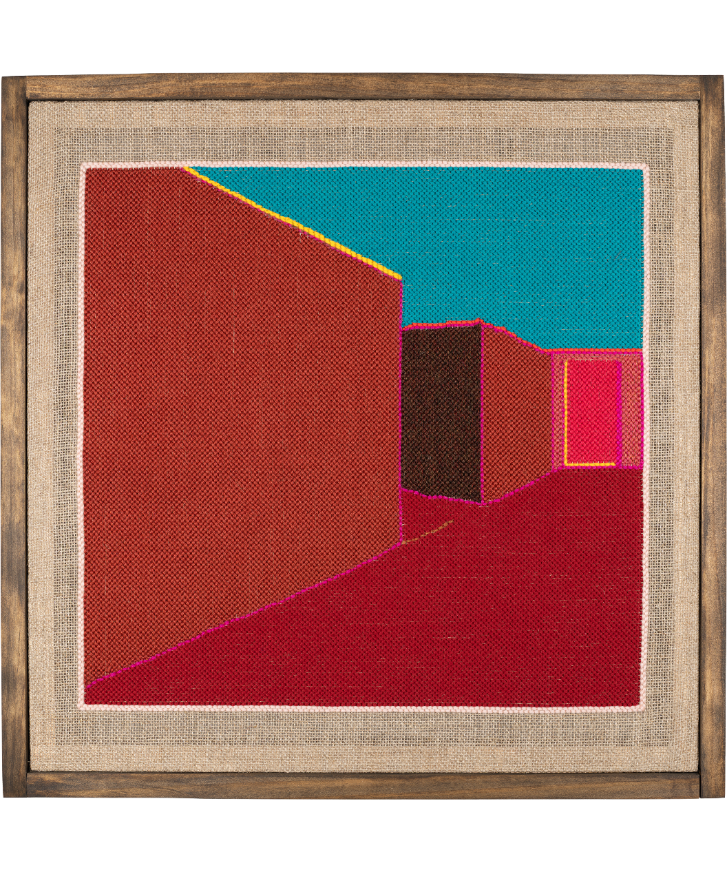 a liminal punch needle fiber art work rendered in saturated reds and blues