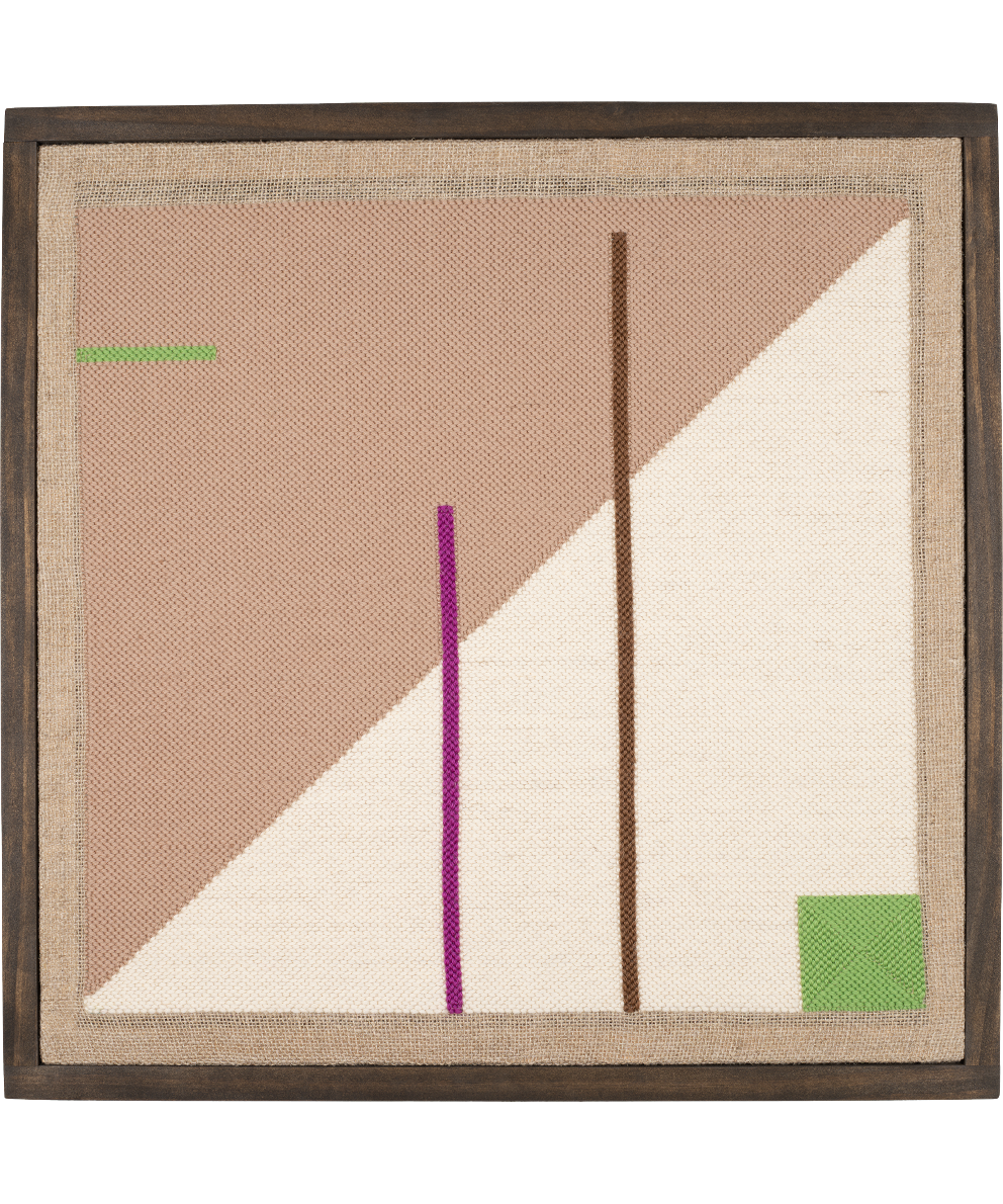 punch needle fiber art piece of abstract lines and shapes in a muted pallate