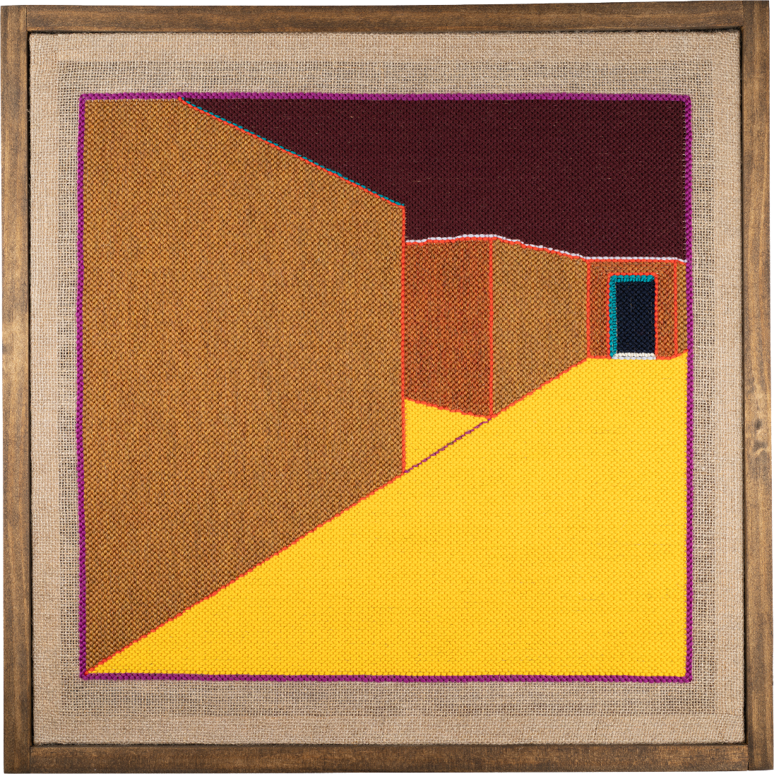 a liminal space punch needle fiber art work rendered in yellows and golds