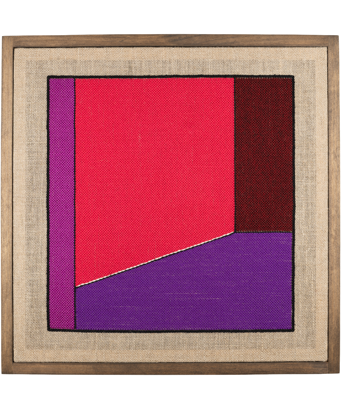 an architectural, abstract punch needle fiber art work rendered in saturated pinks and purples