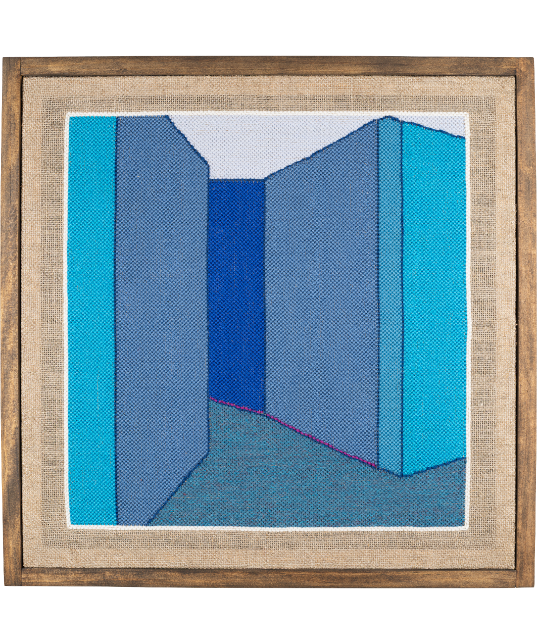 punch needle fiber art work of a liminal space rendered in deep, rich blues