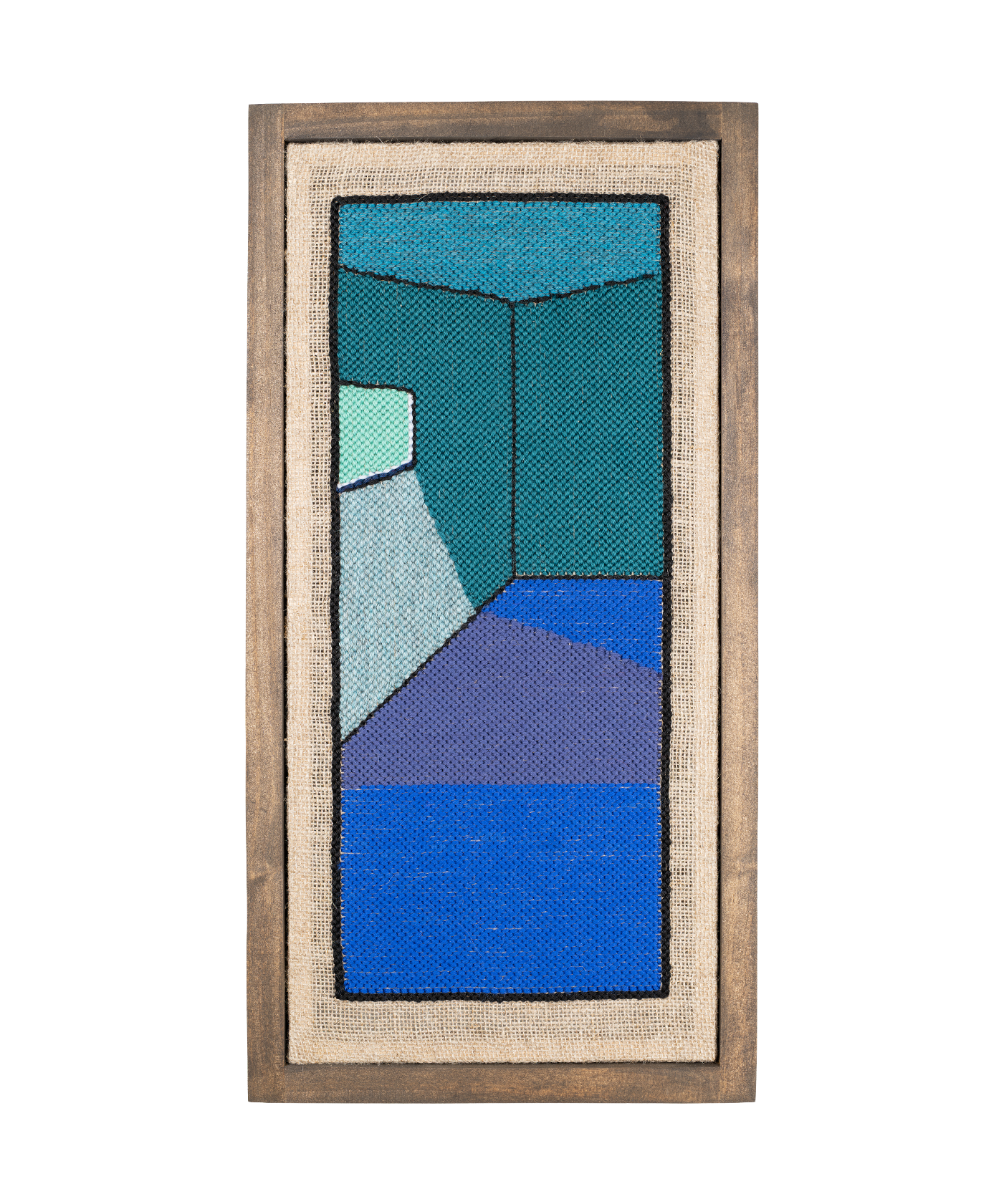 a punch needle fiber art work of a liminal space rendered in blues and teals