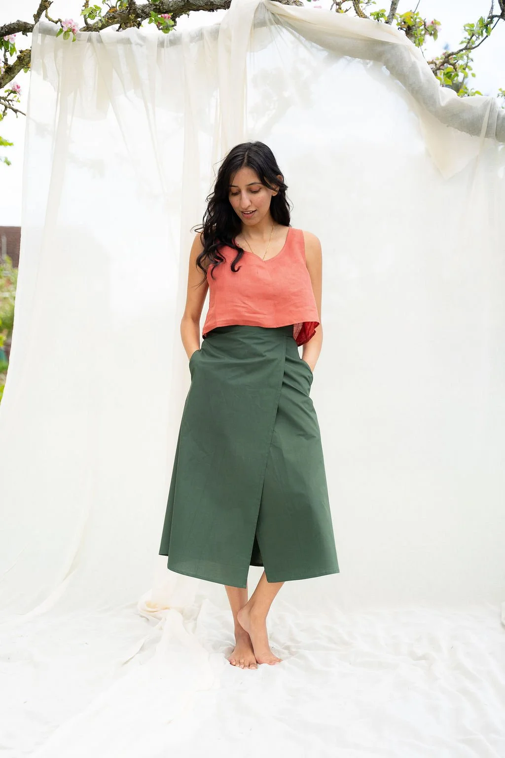 Cotton wrap skirt in Moss