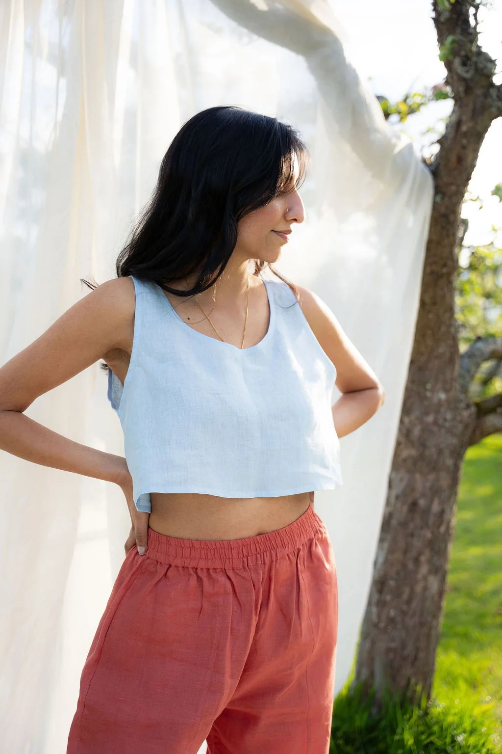 Ethically made linen tank top in Powder Blue