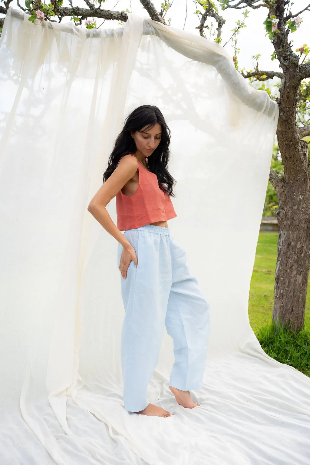 Ethically made linen tank top in Brick