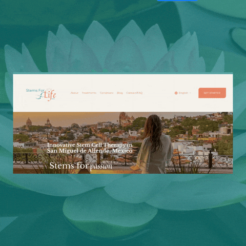 A website homepage for a medical clinic offering stem cell therapy in San Miguel de Allende, Mexico, featuring a woman overlooking the city skyline.
