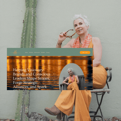 A smiling woman with short white hair sitting on a bench in front of a cactus, holding glasses. Overlayed is a website screenshot with the text 'Helping Visionary Brands and Conscious Leaders Shape Stories, Forge Strategic Alliances, and Spark'.