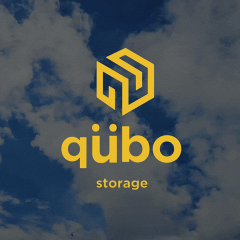 Quibo storage logo with yellow text and geometric icon on a partly cloudy sky background.