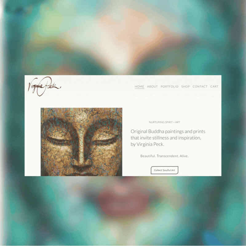 A website homepage for Virginia Peck showcasing original Buddha paintings and prints with a focus on spirituality and inspiration.