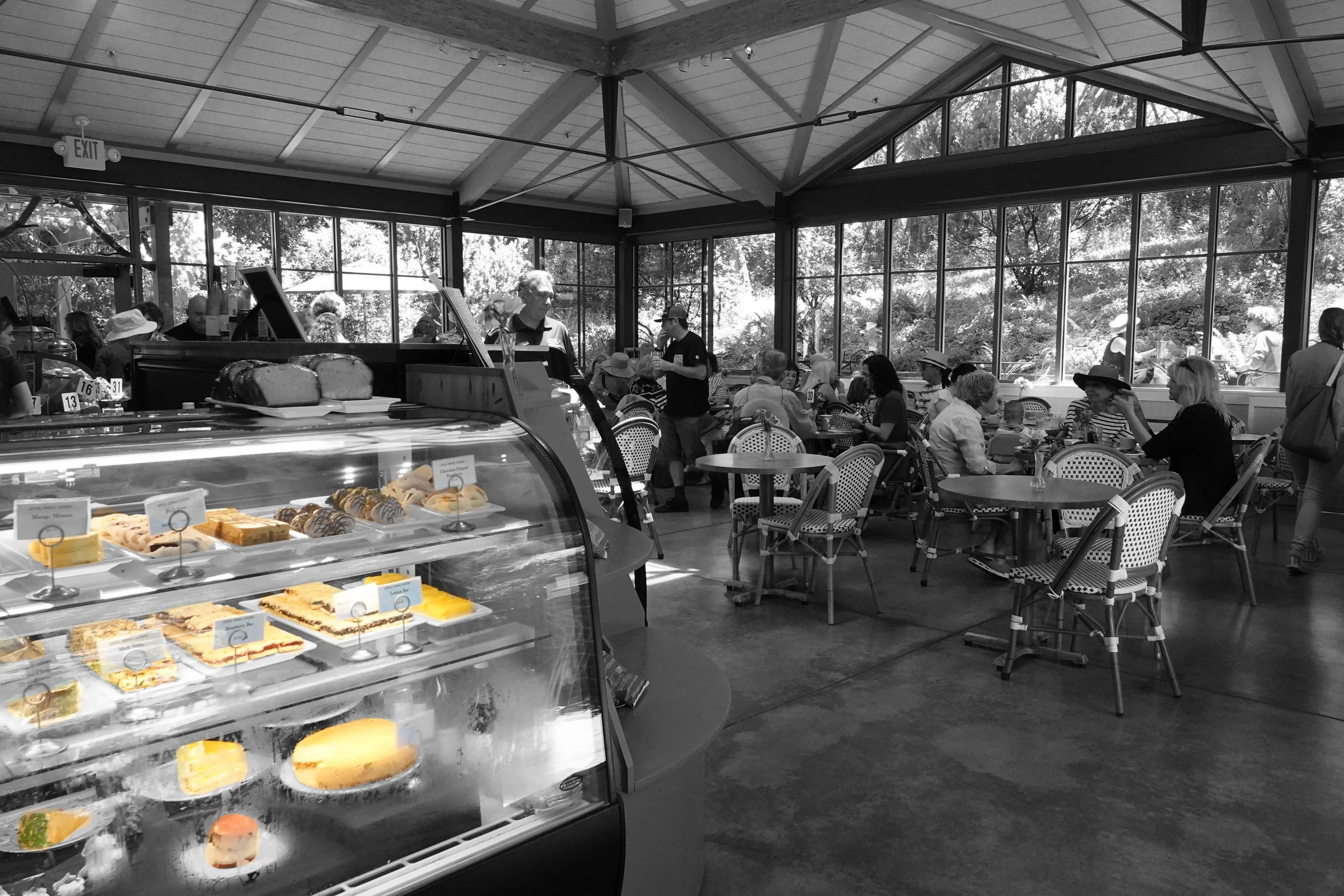  Colorful treats and B&W guests in an attractive California coffee shop. 