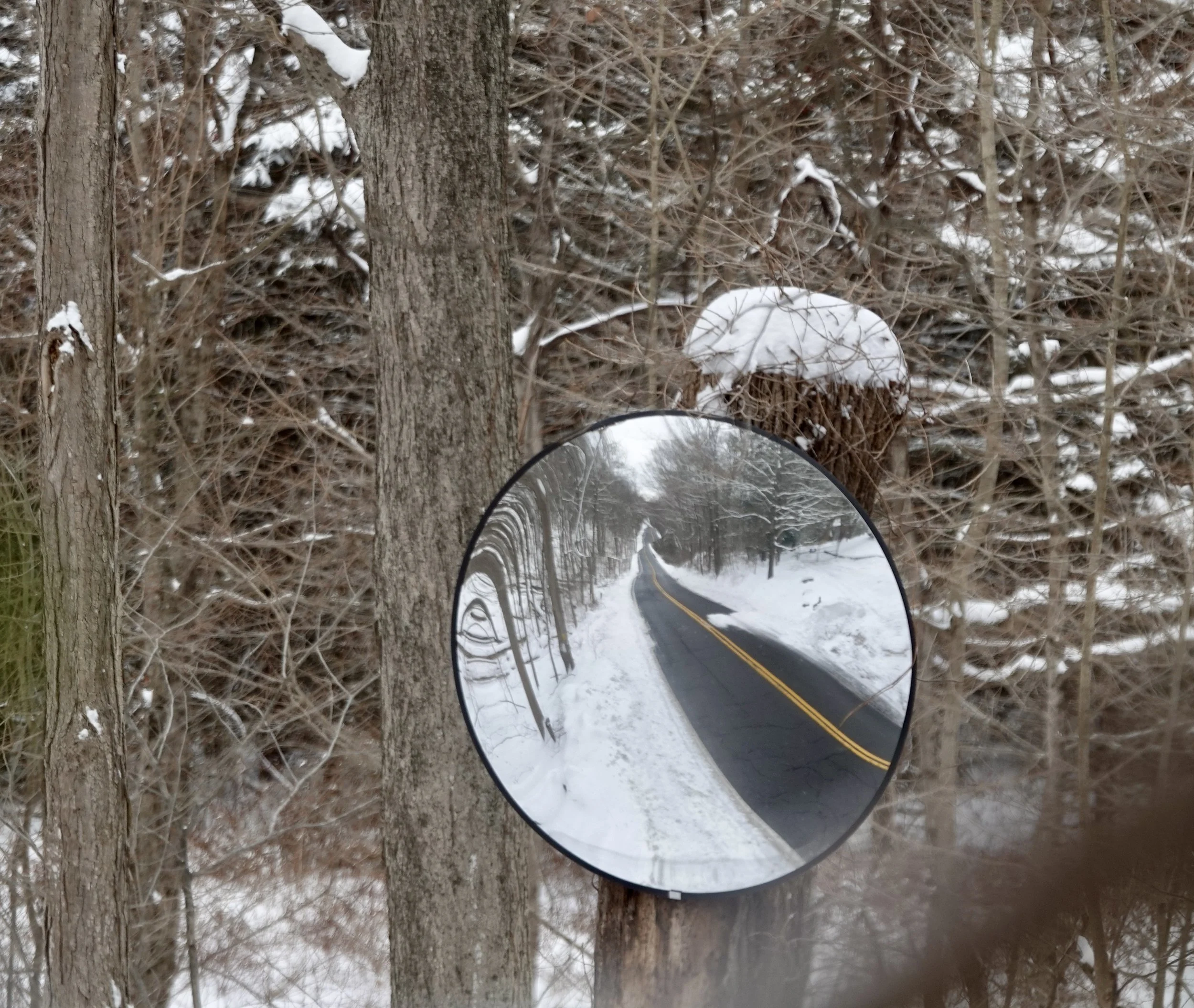  From the mirror we put up across the road, you can see here the first pass of the local road-clearing team. 