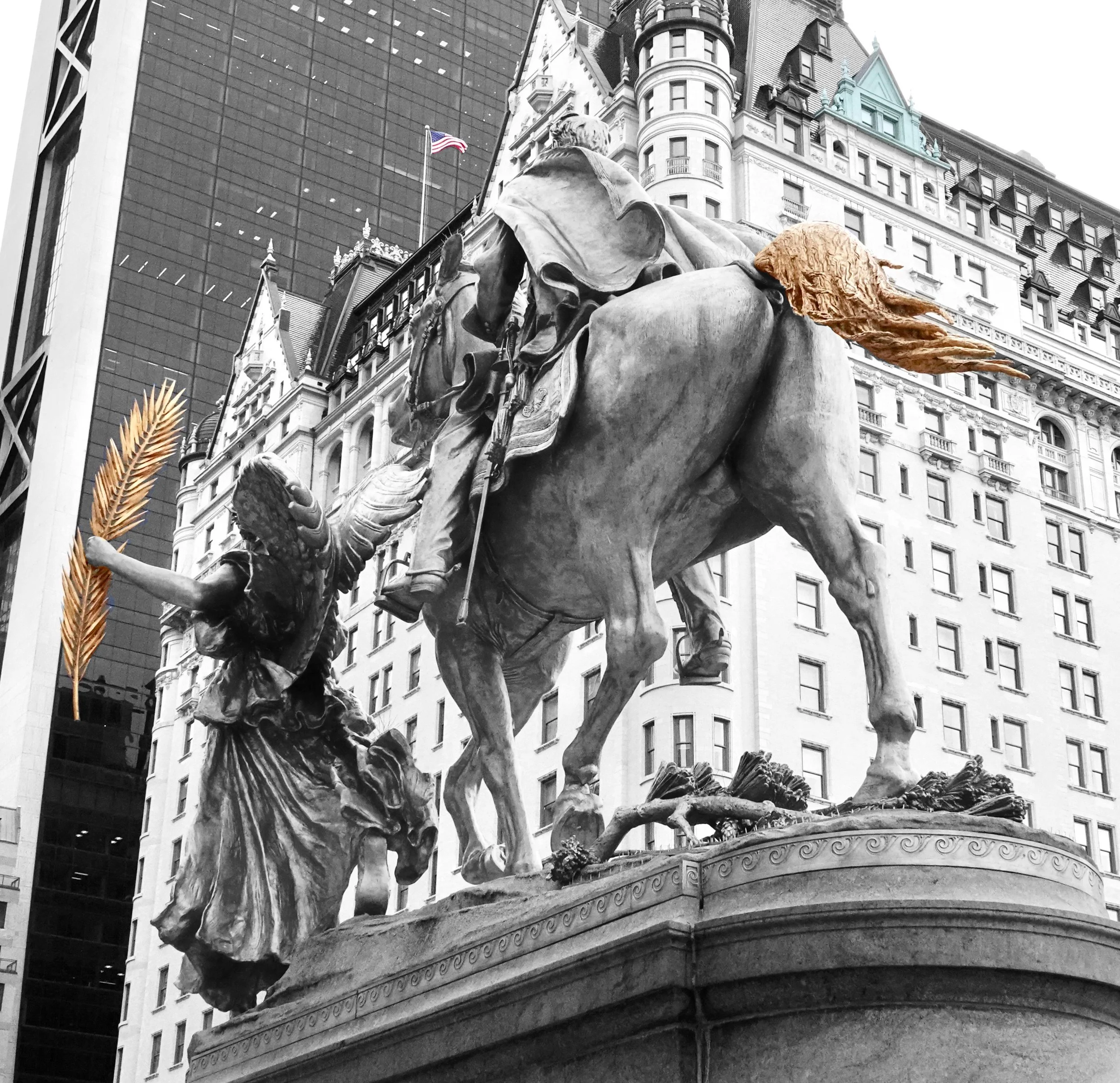  New York’s Plaza Hotel (with the blue window triangle) and  General Sherman’s pony’s tail, plus the lady’s sprigs.  