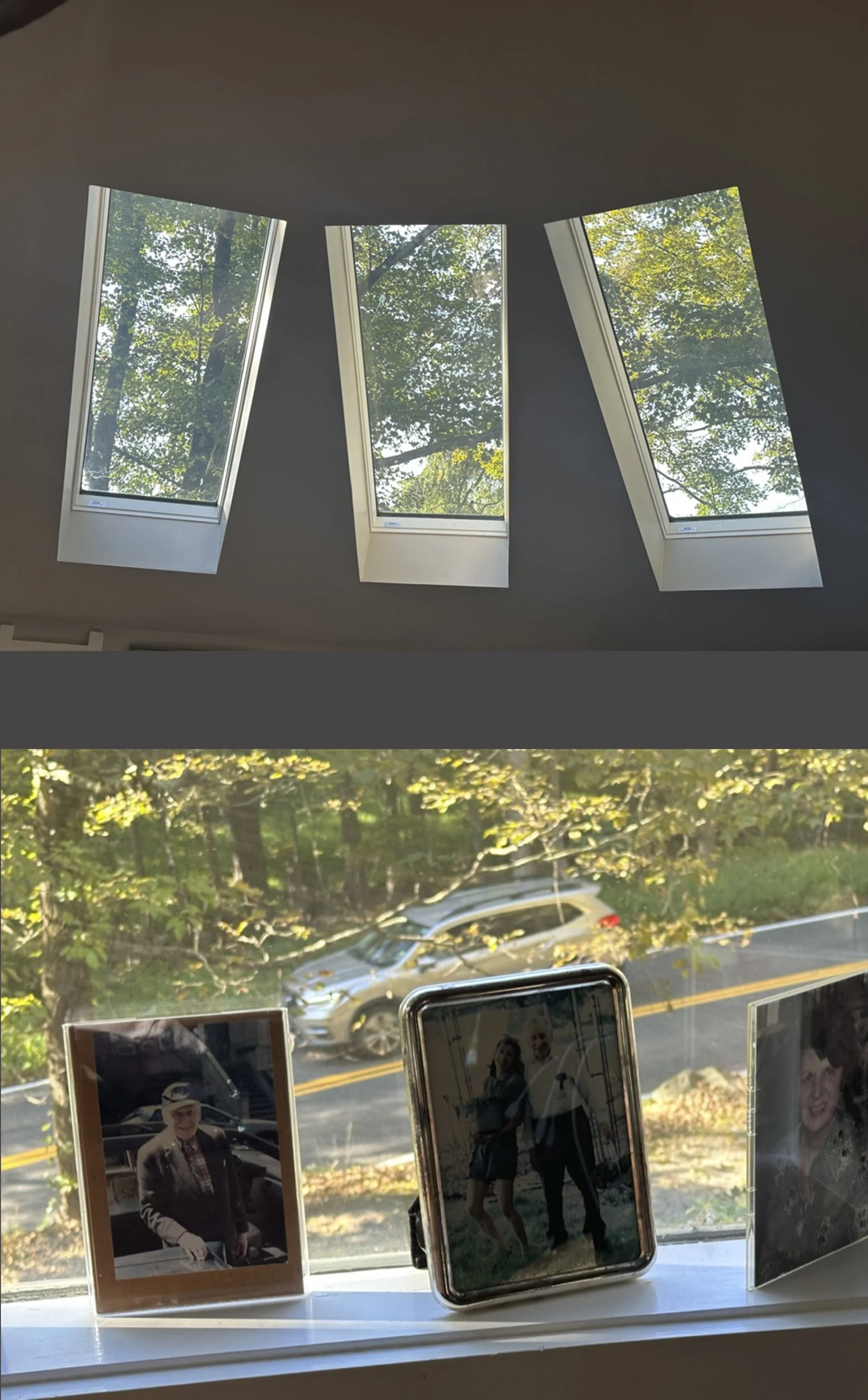 The view above is through the skylight over our bed. The one below is from a window near Barbara’s dressing table, taking in the passing road.