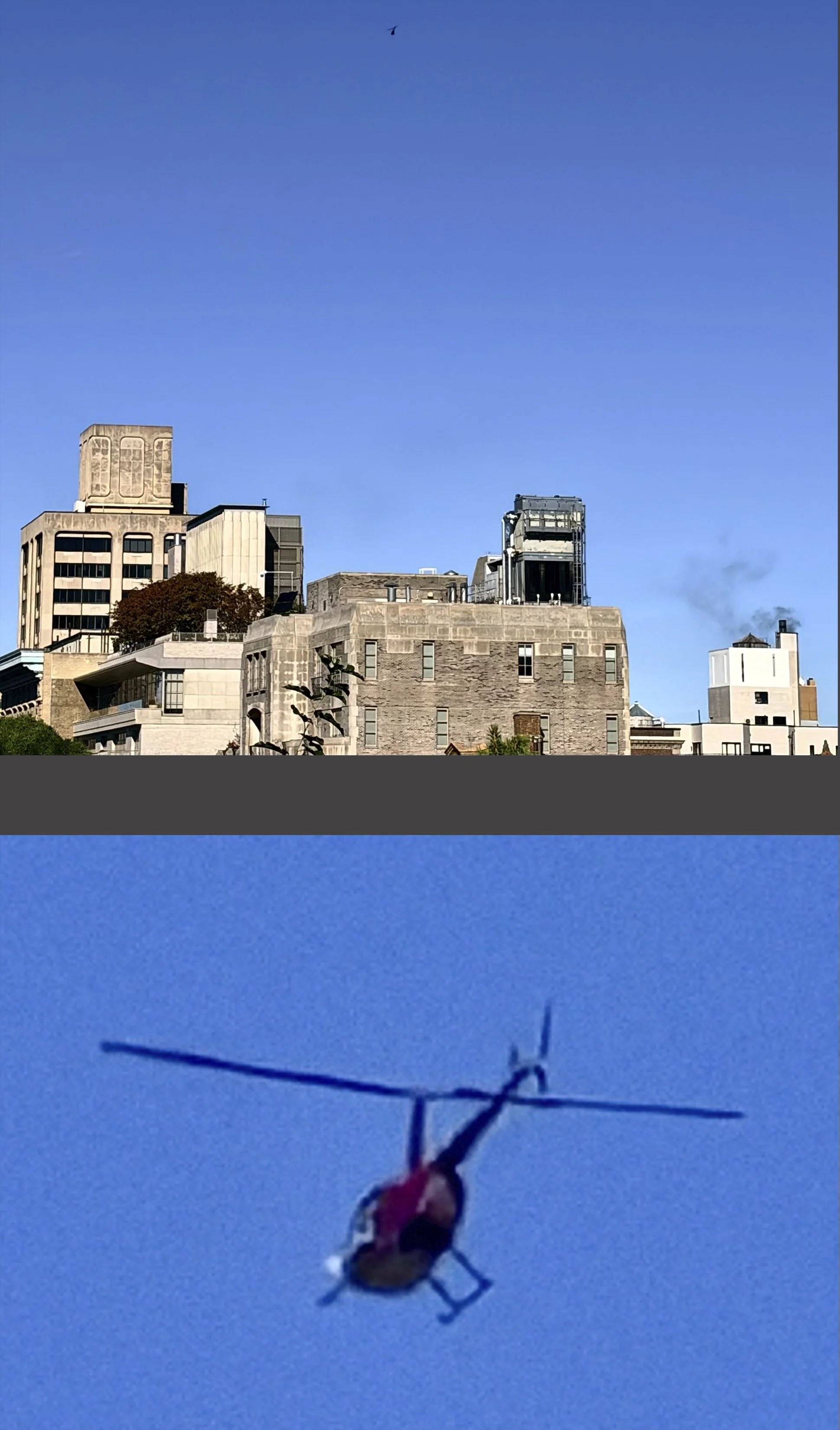  Look carefully at the middle of the very top of the above picture where you can just make out a tiny black dot. In the bottom photo, the black dot has been enlarged into a helicopter. 