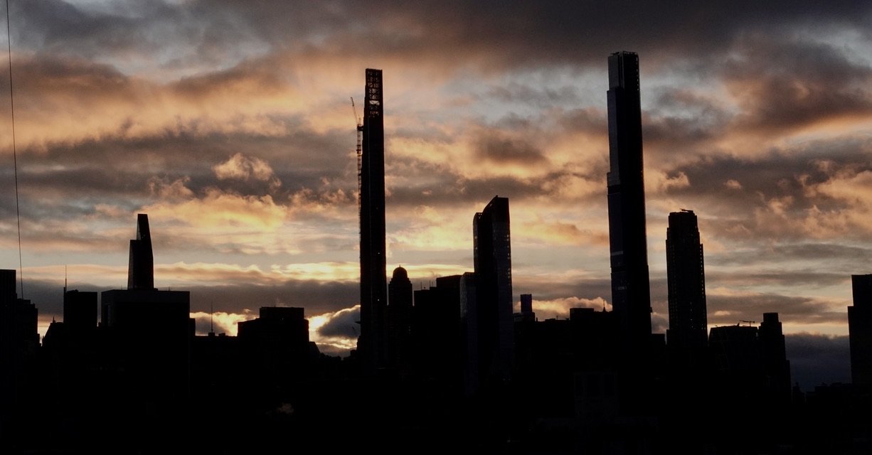 A view of NYC’s skinny skyline at dusk (2022).