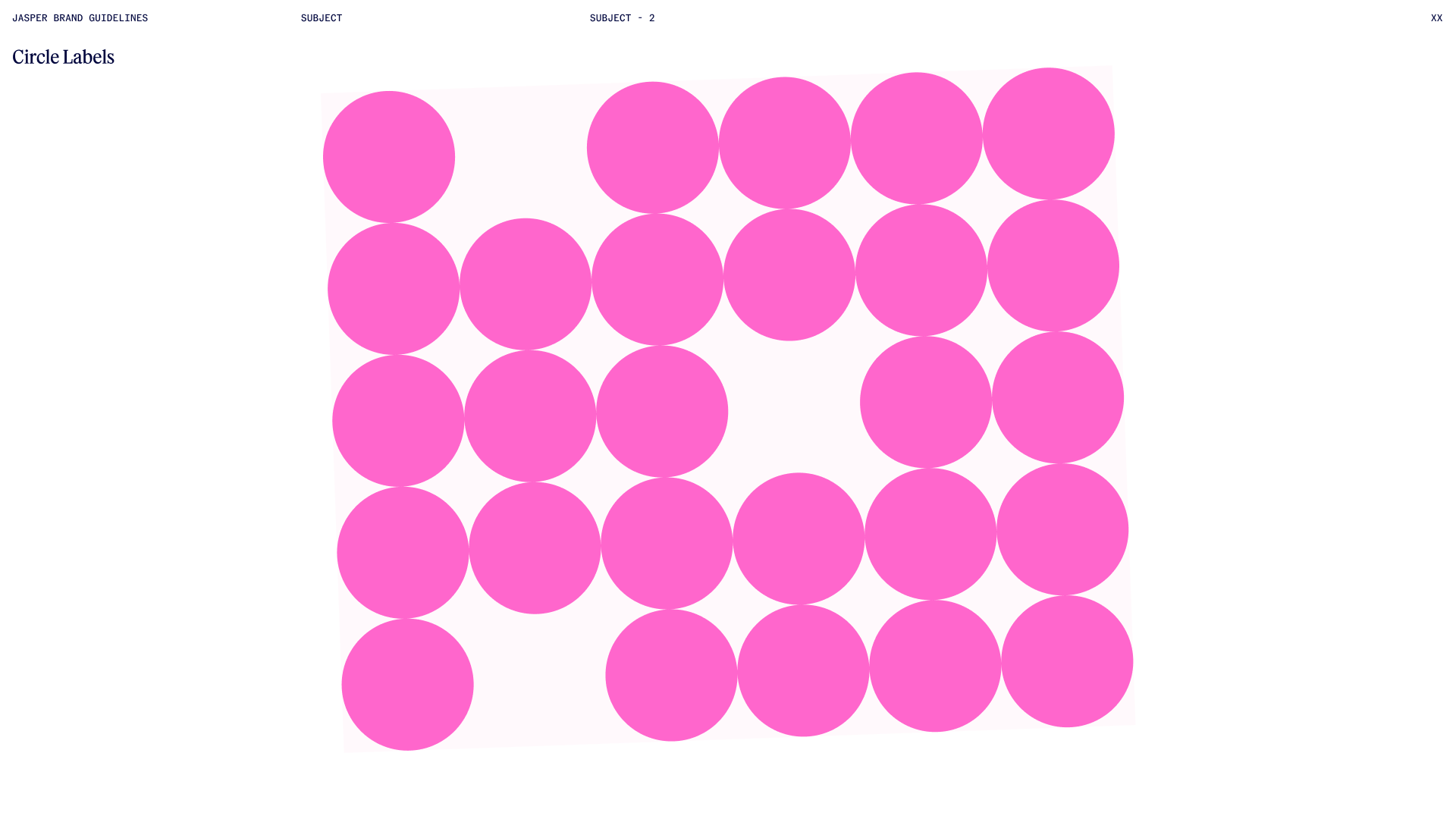 A diagram titled 'Circle Labels' with 20 pink circles arranged in a 4x5 grid on a white background, demonstrating circle placement within a larger square.