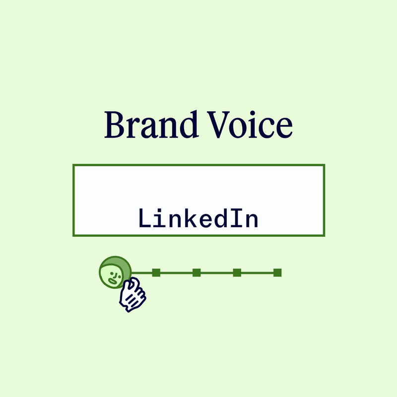Graphic with green background, displaying 'Brand Voice' and 'LinkedIn' text, a wrench icon with a smiling face, and a line with square markers.