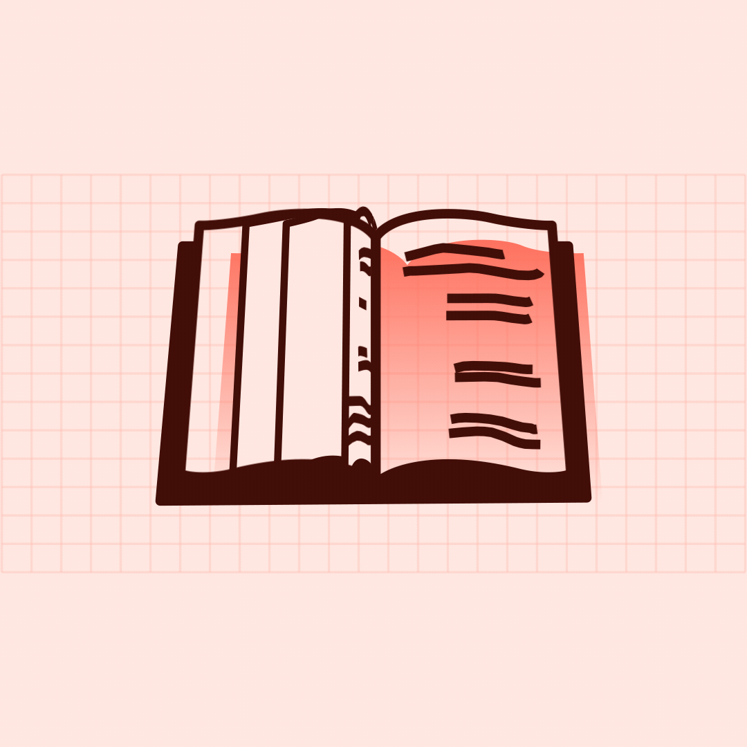 Open book with lines of text, drawn in a minimalist style on a pink grid background.