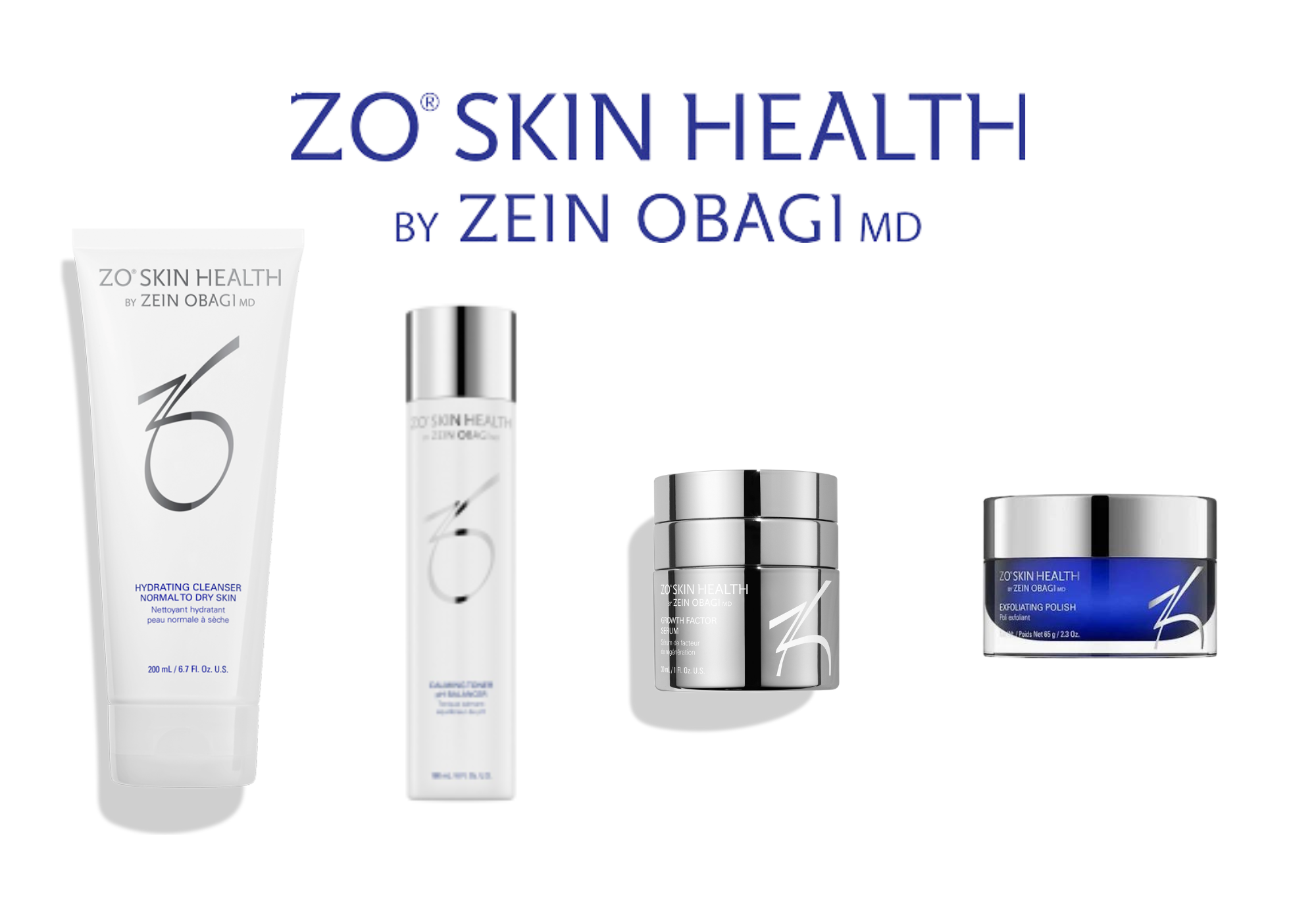 ZO Skin Health product lineup including cleanser, toner, growth factor serum, and exfoliating polish by Zein Obagi.