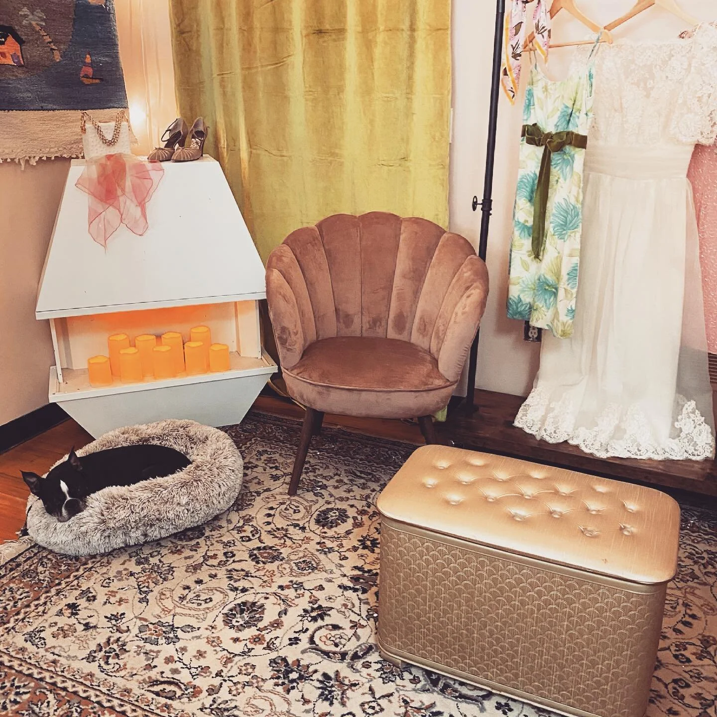 Our favorite employee enjoying the &ldquo;fire&rdquo; in our new dressing area! We re-open with a new look on the 9th of July! See you then🐶 #vintage #richmondky #apparitionsvintagevillage #vintageclothing #shopsmall #shoplocal