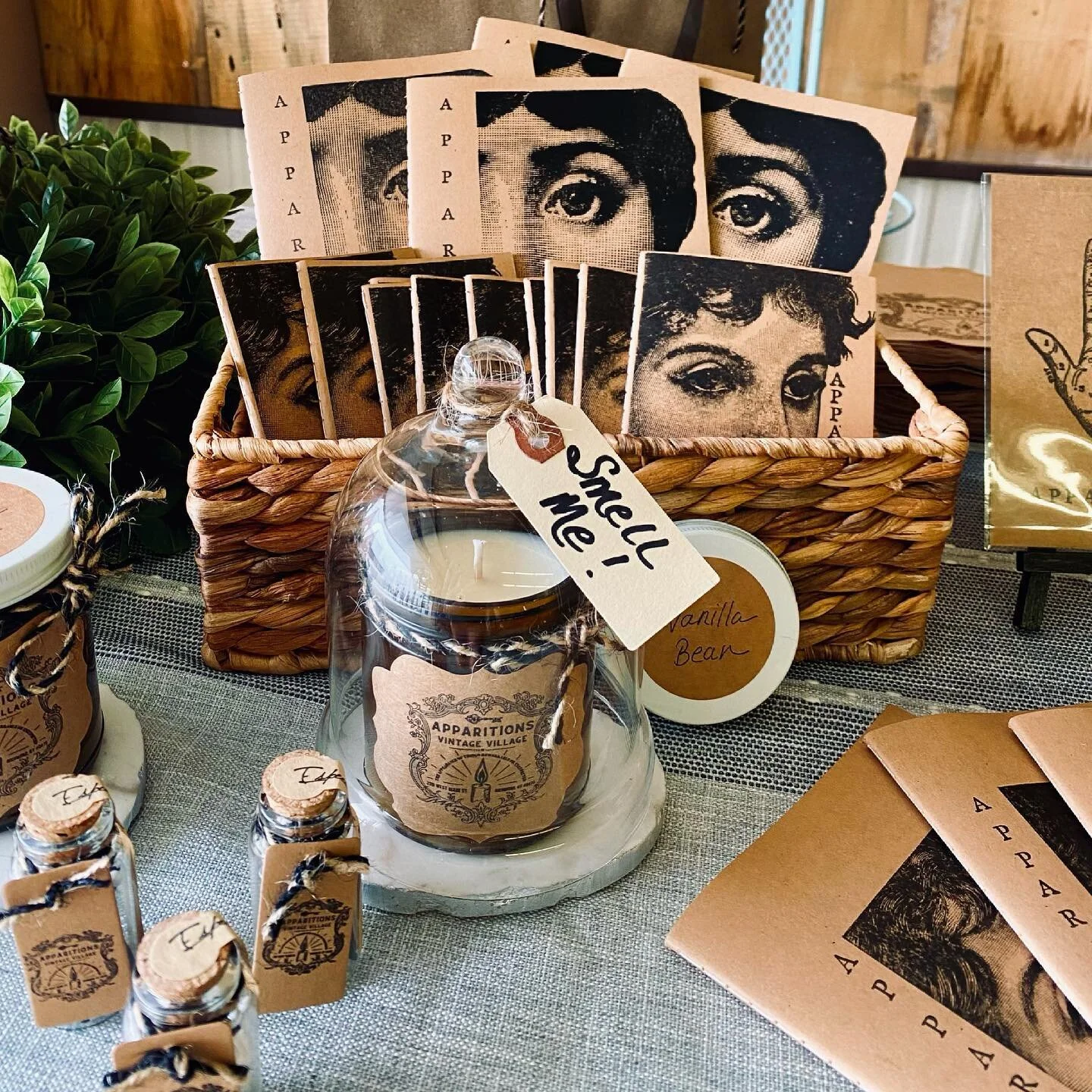 We are creating a whole line of handmade Apparitions items! Along with our hand poured soy candles we will offer vials of black and white matchsticks, hand stamped notebooks, postcards and tea towels, relaxing bath soaks, and more! We reopen July 2nd