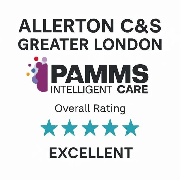 A quality rating infographic for Allerton C&S Greater London and PAMS Intelligent Care, showing a five-star rating and labeled as 'Excellent.'