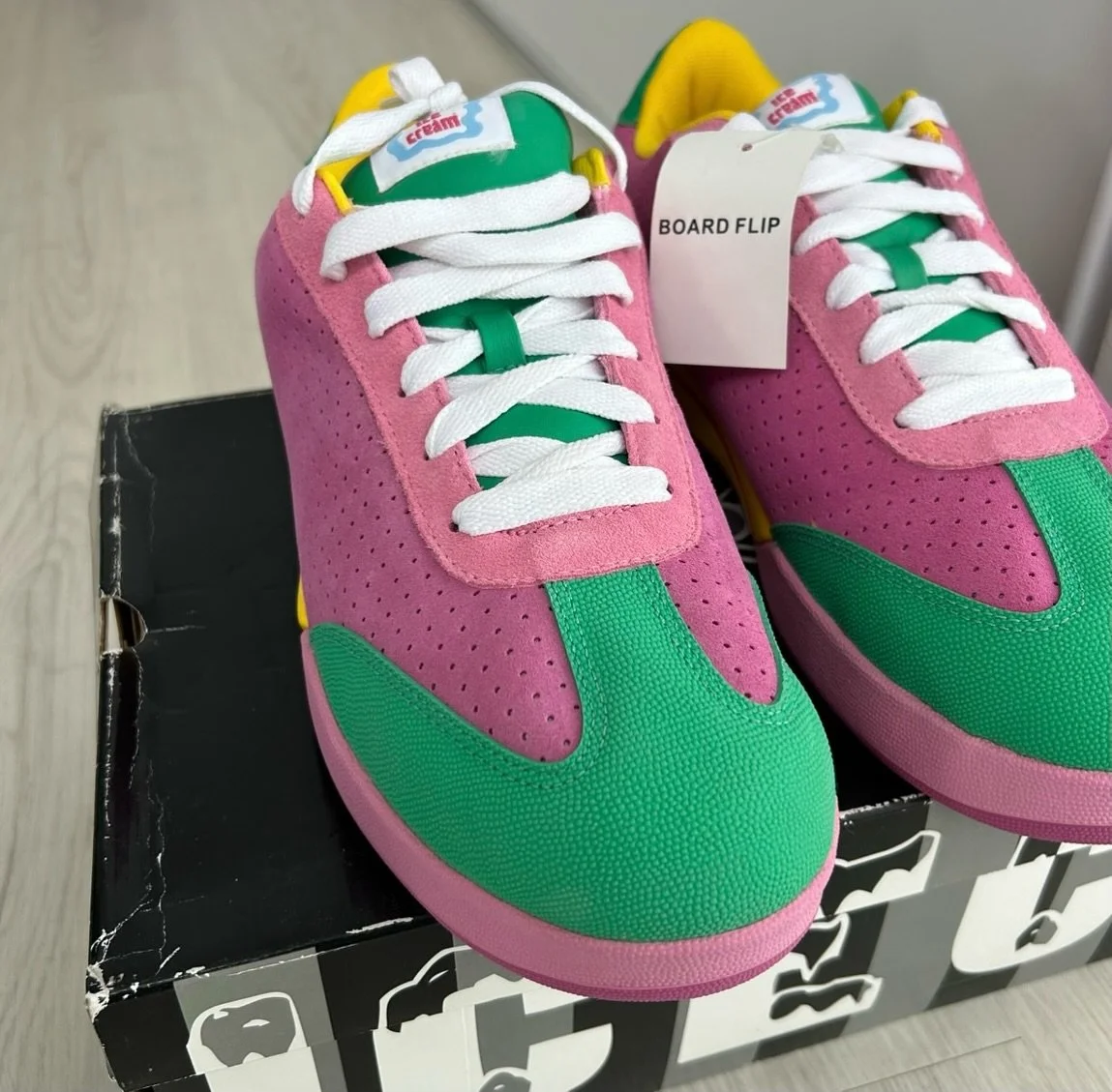Displayed here is the revolutionary original “Pink Green” Reebok x BBC/ICE CREAM Boardflip skate shoe
Re-releasing archival sneakers like the Reebok X BBC/ICE CREAM BOARDFLIP 1 can feel like the dilution of streetwear culture. The origin