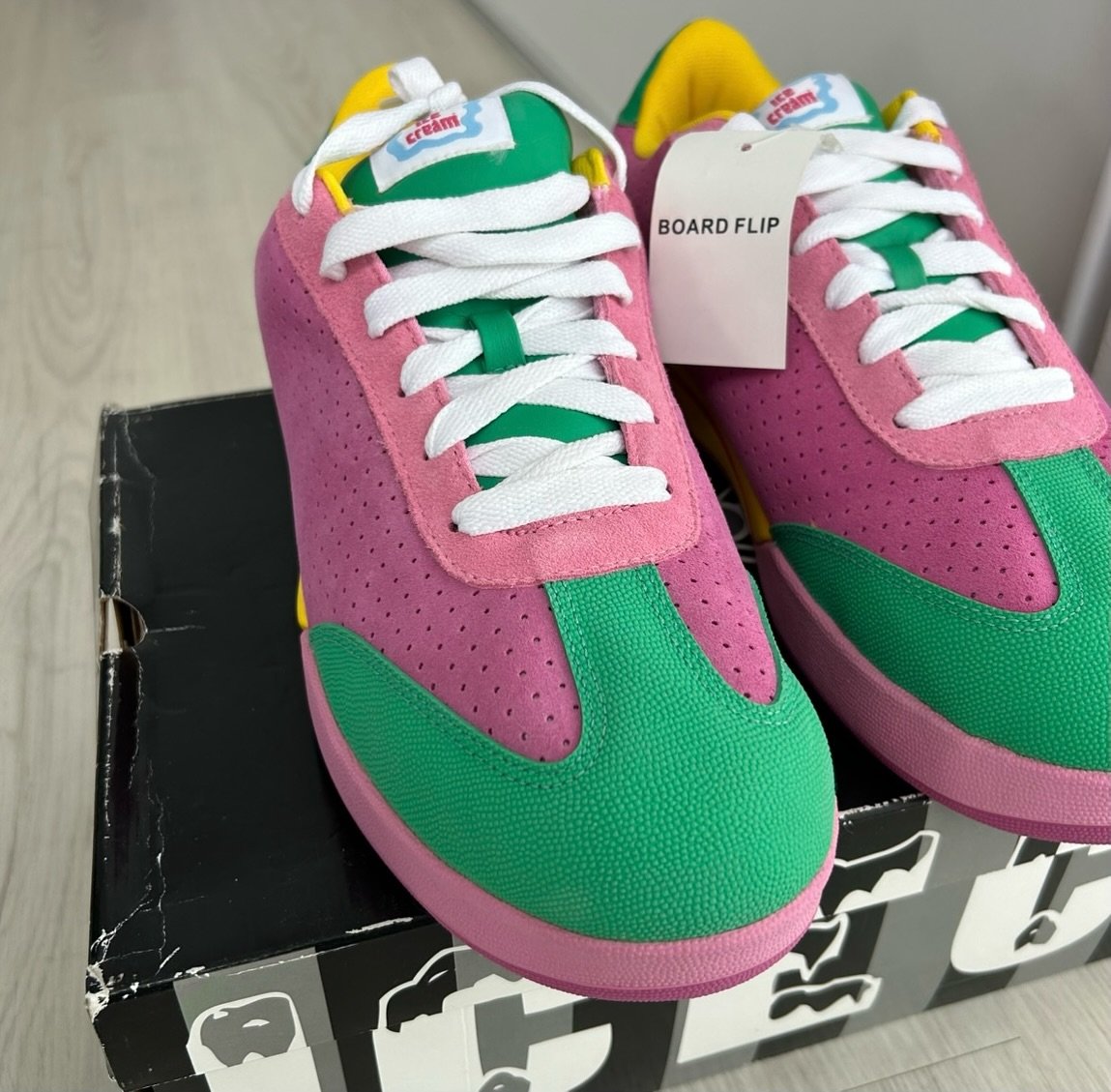 Displayed here is the revolutionary original &ldquo;Pink Green&rdquo; Reebok x BBC/ICE CREAM Boardflip skate shoe

Re-releasing archival sneakers like the Reebok X BBC/ICE CREAM BOARDFLIP 1 can feel like the dilution of streetwear culture. The origin