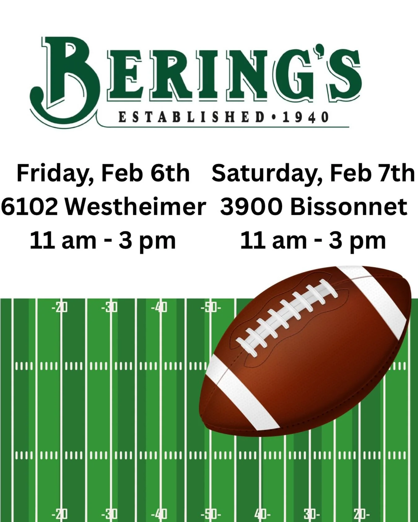 Come get ready for Super Bowl! We will be at both @beringshardware locations! We will have our kolaches, chicken minis, our famous pull-apart sandwiches, quiche, pies and yummy snack mix! We will also have all of our other items, so come see us and s