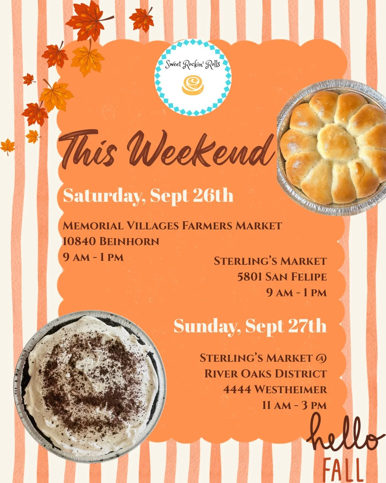 It&rsquo;s a market kinda weekend! Please come out to see us at one or all of our markets! Get your game day snacks like pull apart sandwiches, kolaches, chicken minis, quiche, pie, snack mix and so much more! Yummy! See y&rsquo;all there!

#sweetroc