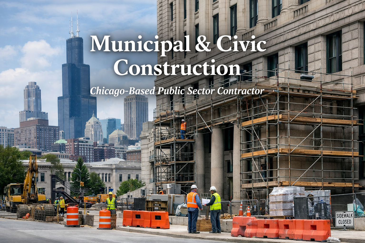 Construction workers in safety gear working on scaffolding in front of a large building, with city skyscrapers in the background, and orange construction cones and a sign that says 'Sidewalk Closed'.
