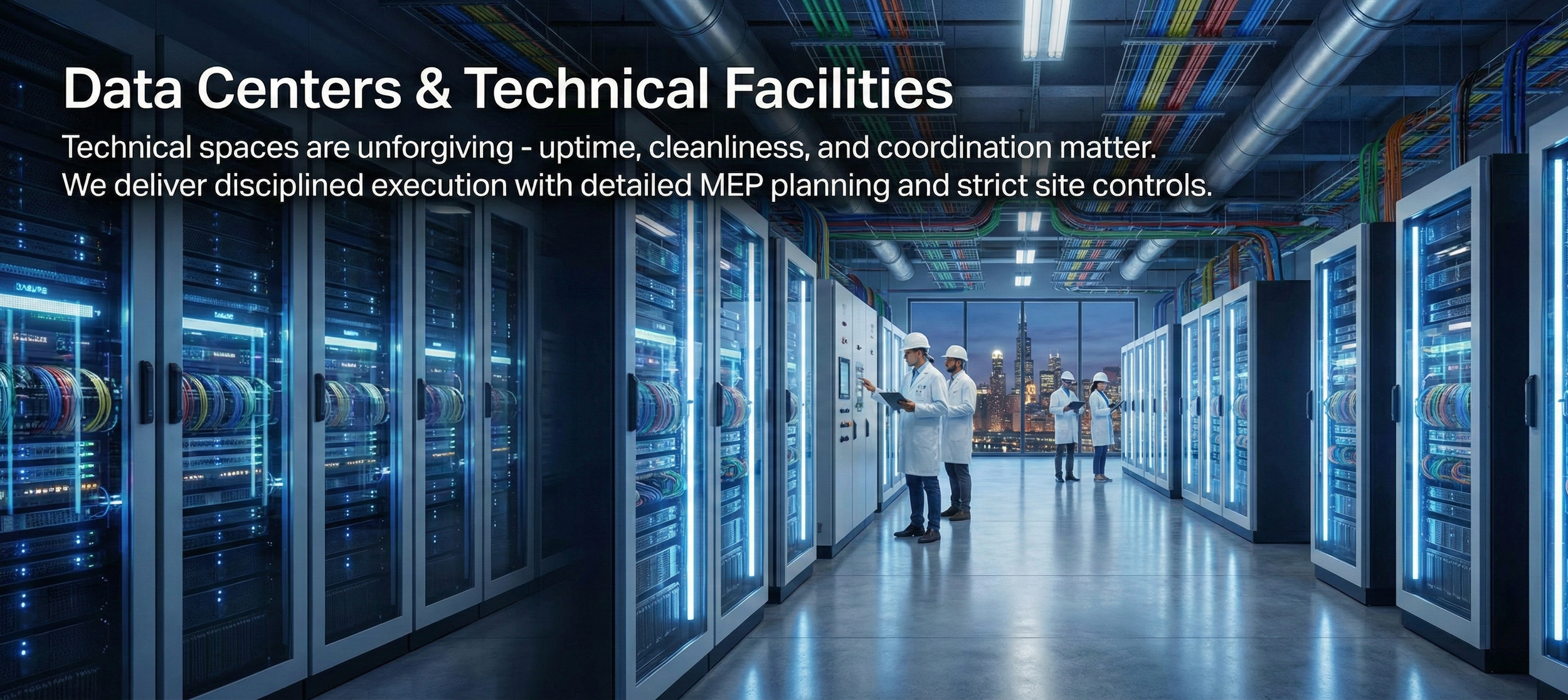 Data center with servers and technicians in white coats and helmets working inside, city skyline visible through windows.