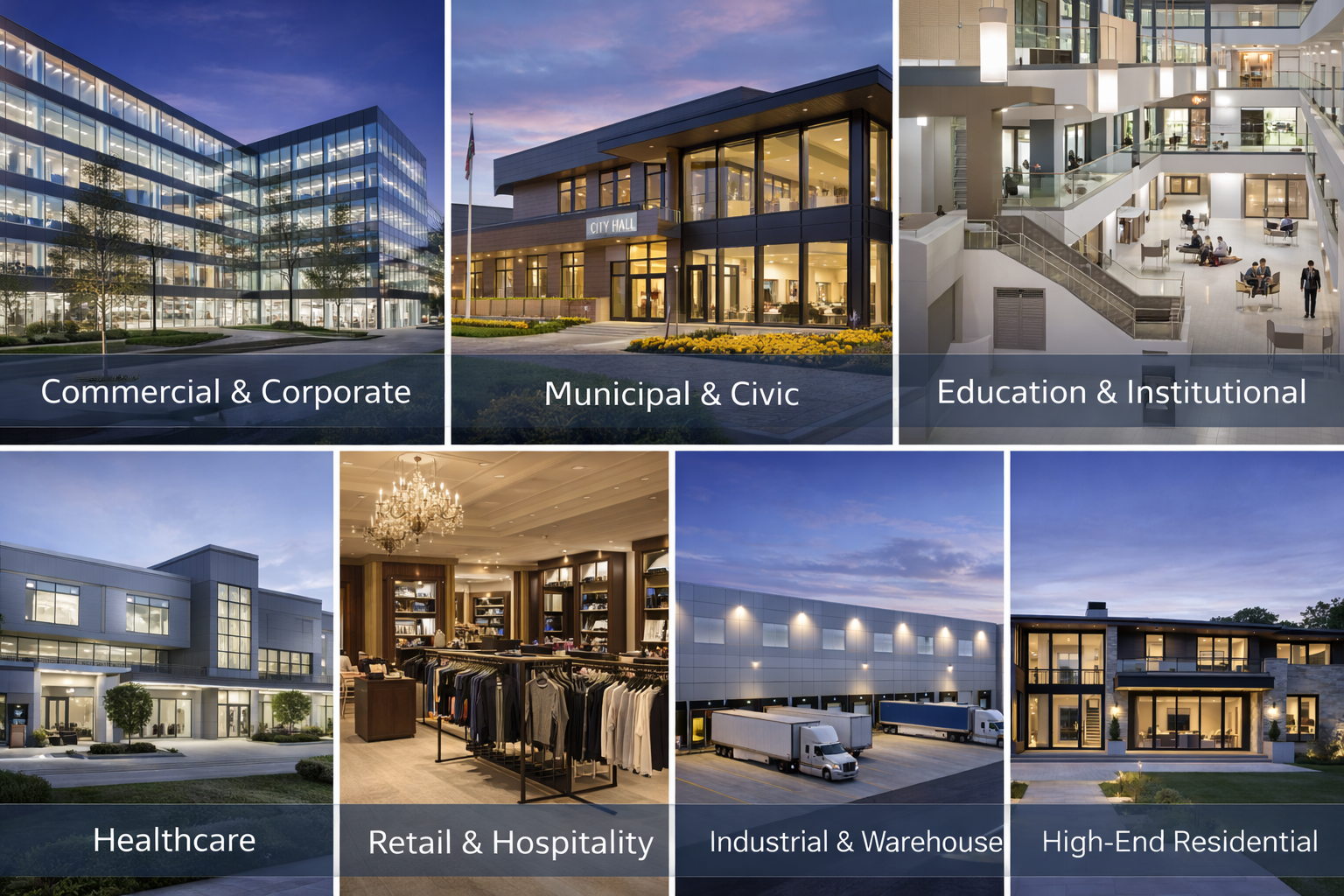 Collage of various types of buildings representing different sectors: Commercial & Corporate, Municipal & Civic, Education & Institutional, Healthcare, Retail & Hospitality, Industrial & Warehouse, High-End Residential.