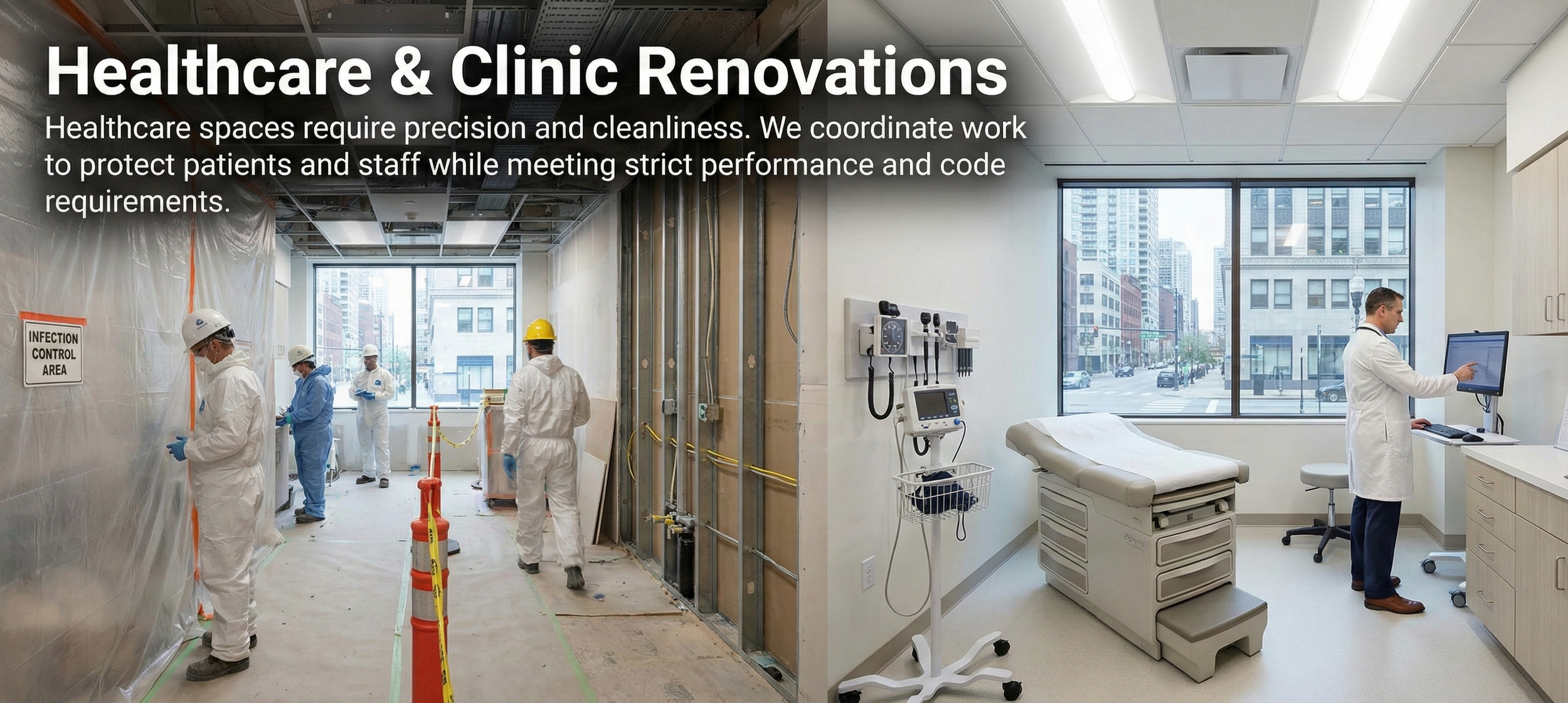 Comparison of two healthcare spaces, one under construction with workers and safety signs, and one finished with a doctor using a computer in a clean clinic room.