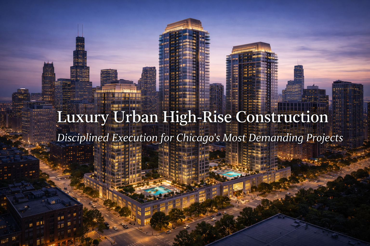 A city skyline of downtown Chicago at dusk with high-rise buildings and a few pools in the foreground, illuminated by lights and a purple sky.