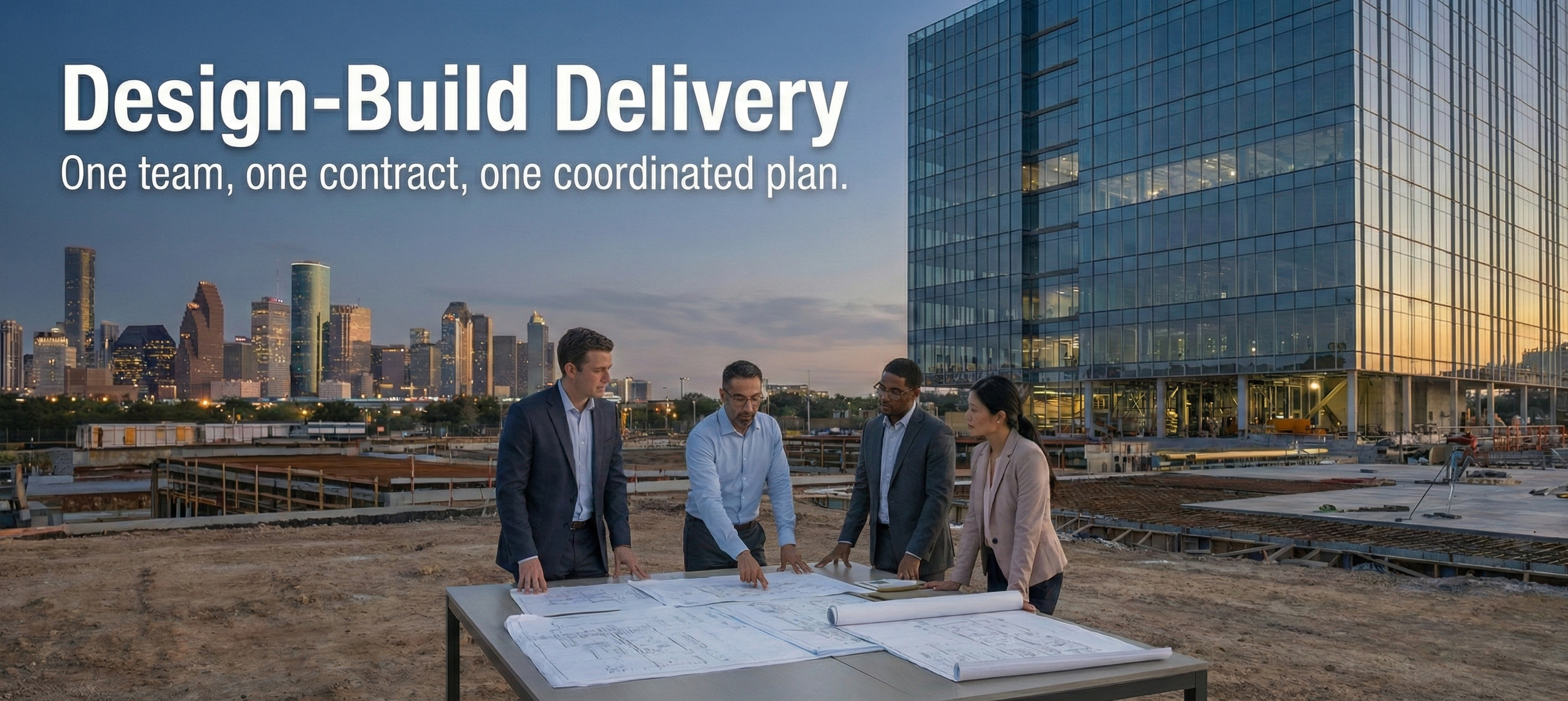 Diverse development team in hard hats and safety vests examining blueprints at a high-rise building site, with cranes and the iconic Chicago skyline in the background.