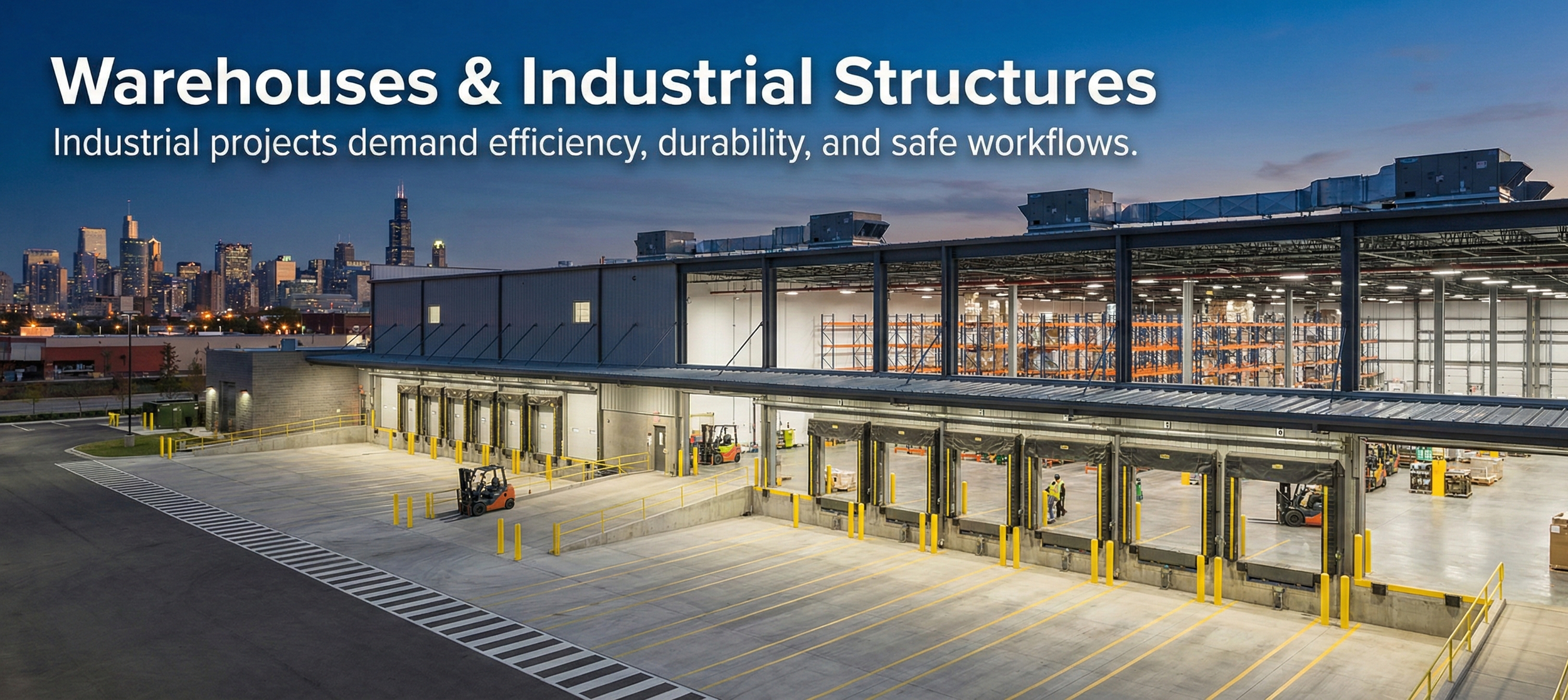 An industrial warehouse or distribution center with an empty parking area in the foreground and a city skyline at dusk in the background. The building features loading docks and shelving inside.