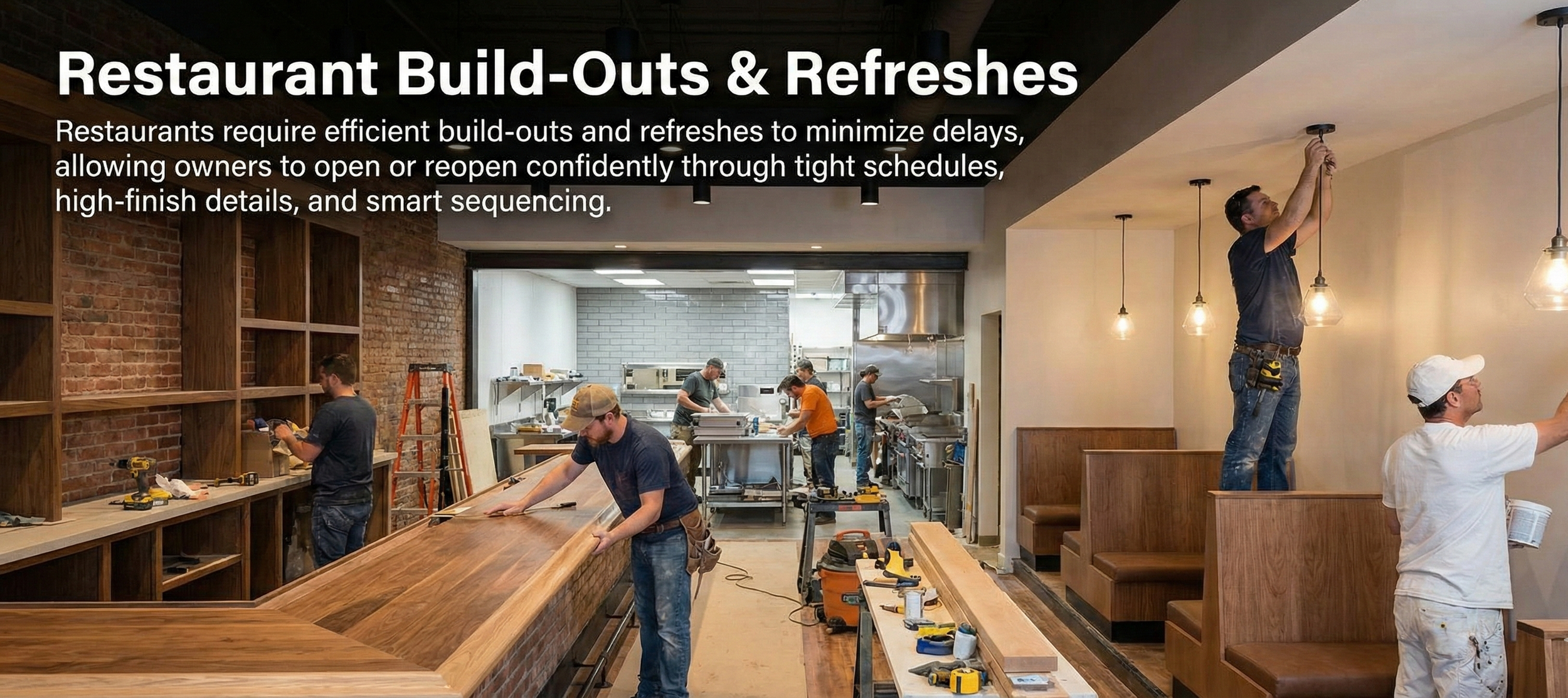 Workers building and installing interior fixtures in a restaurant, with a focus on furniture assembly and lighting fixtures.