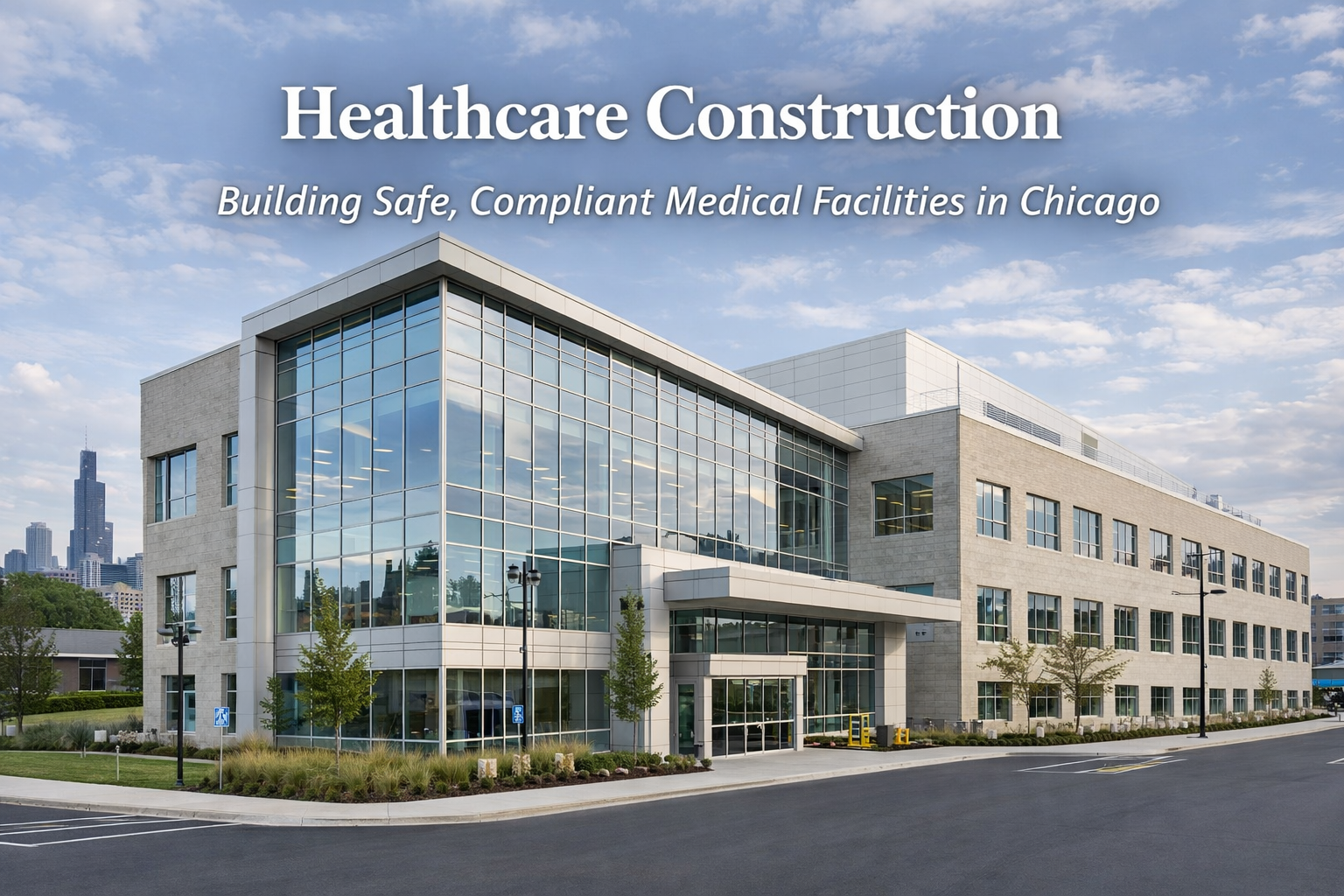 Modern hospital building with large glass windows, trees, and a parking lot in Chicago.