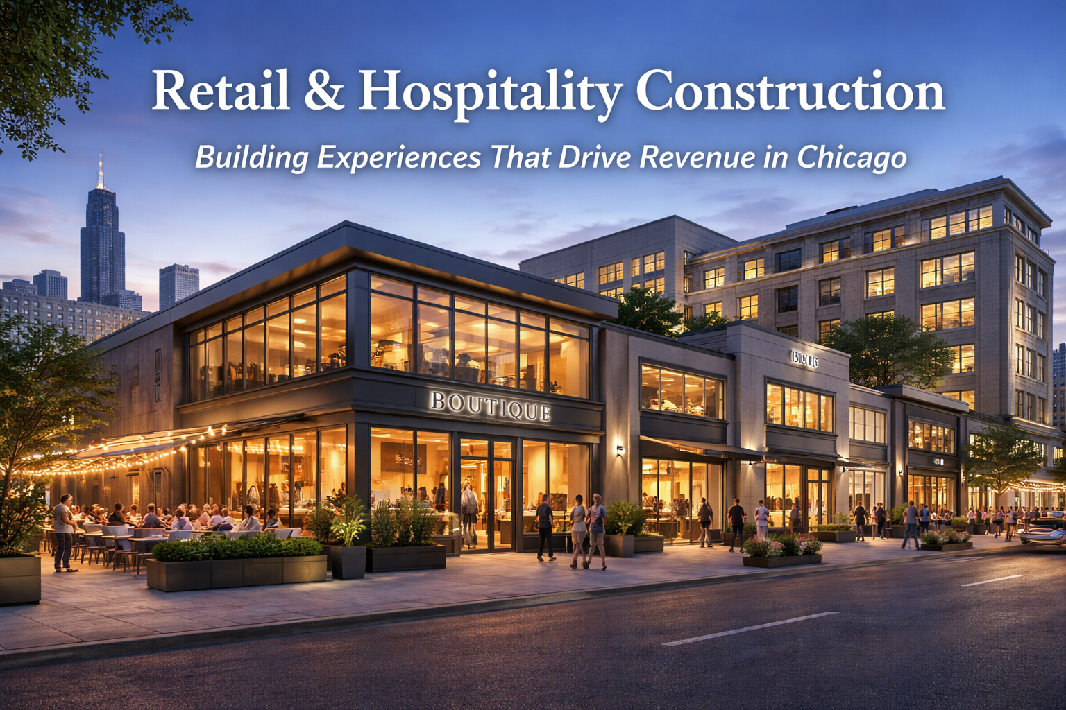 Desktop view of a modern retail and hospitality building with large glass windows, illuminated inside, with people dining outside during dusk, and a city skyline, including the Willis Tower, in the background.