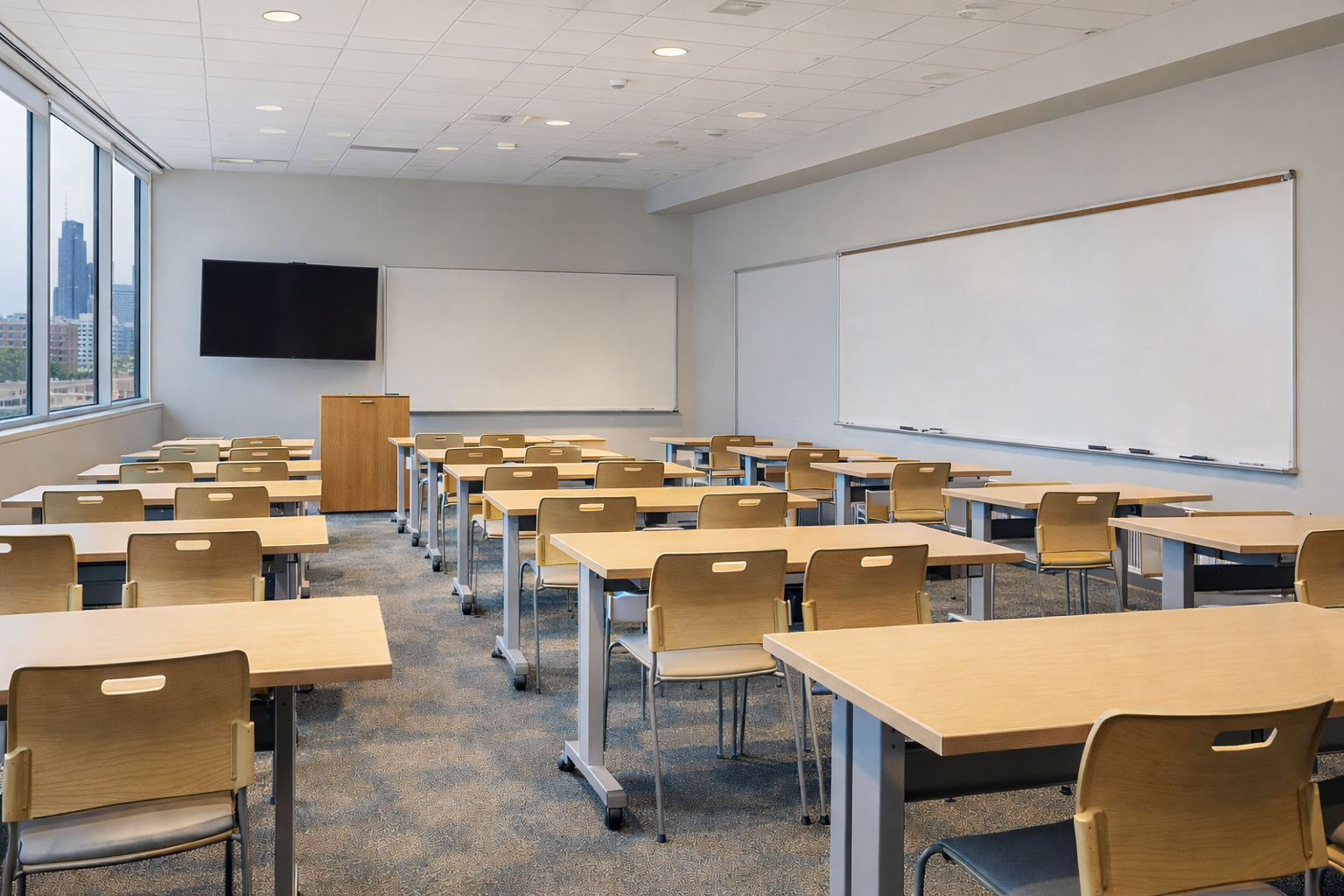Empty classroom with rows of desks and chairs, whiteboard, large windows showing city buildings, and a TV screen mounted on the wall.