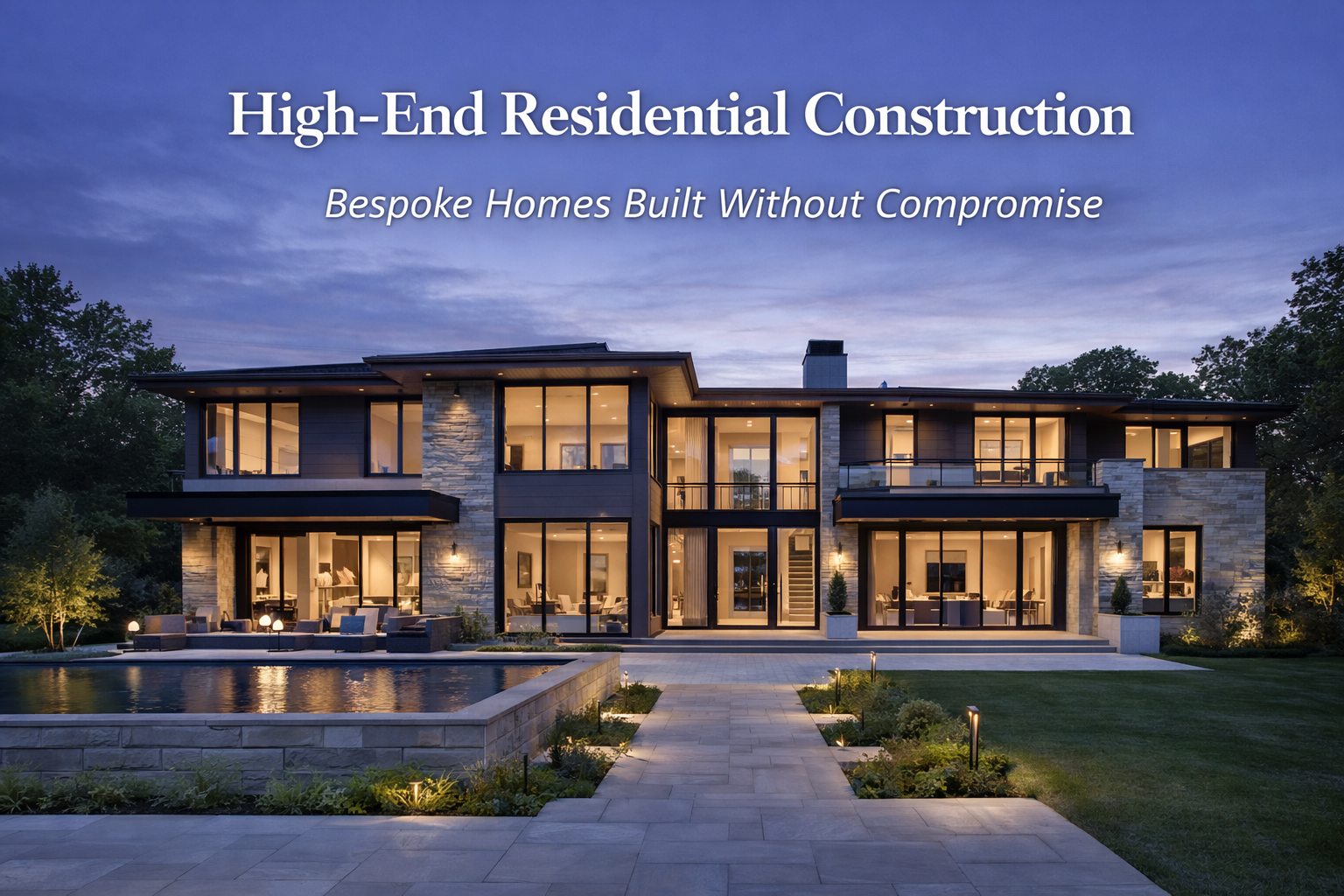 Luxury modern house with large glass windows illuminated at night, surrounded by landscaped yard and swimming pool.