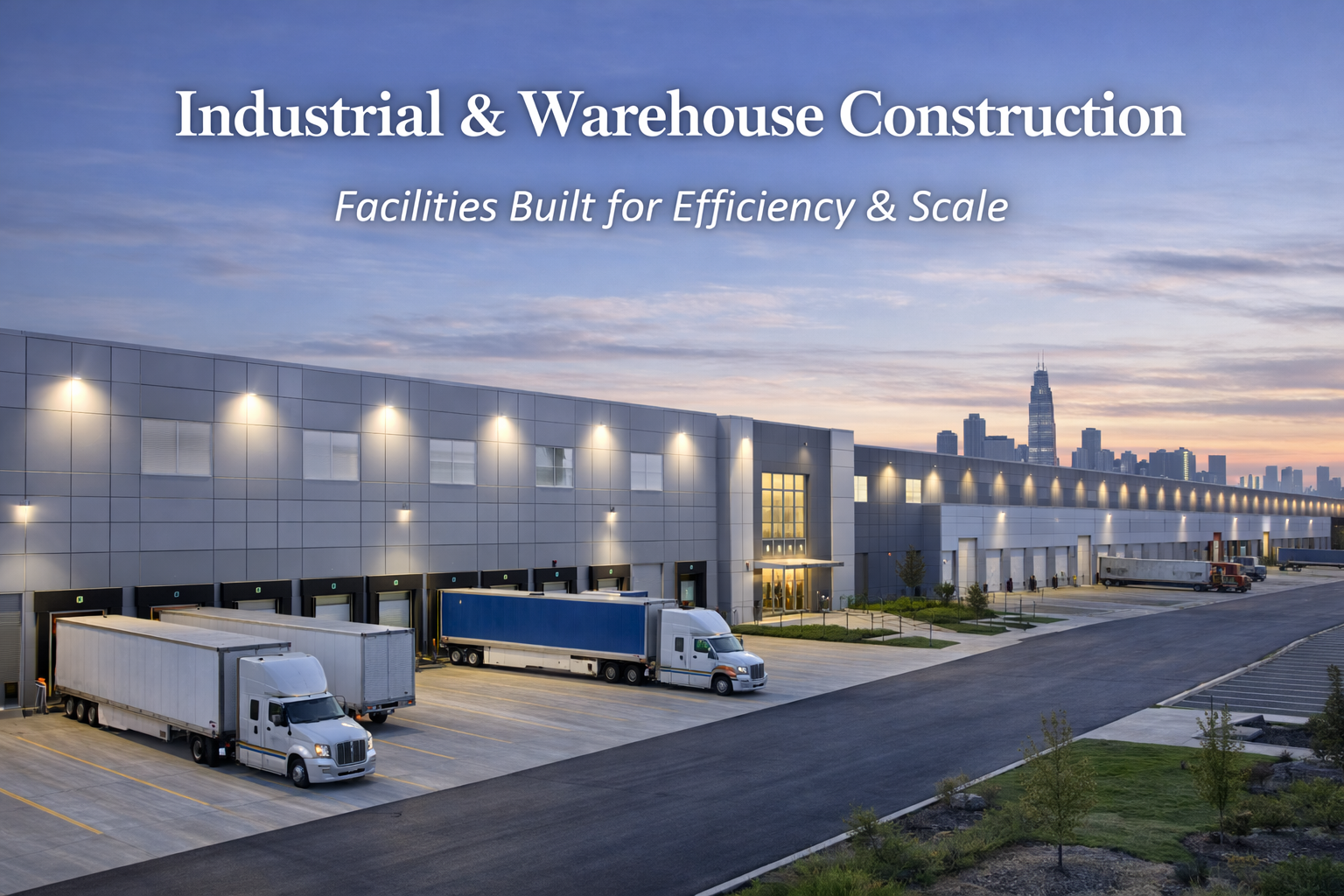 Large industrial warehouse with loading docks and trucks in front, city skyline in the background during dusk, with illuminated exterior lighting.