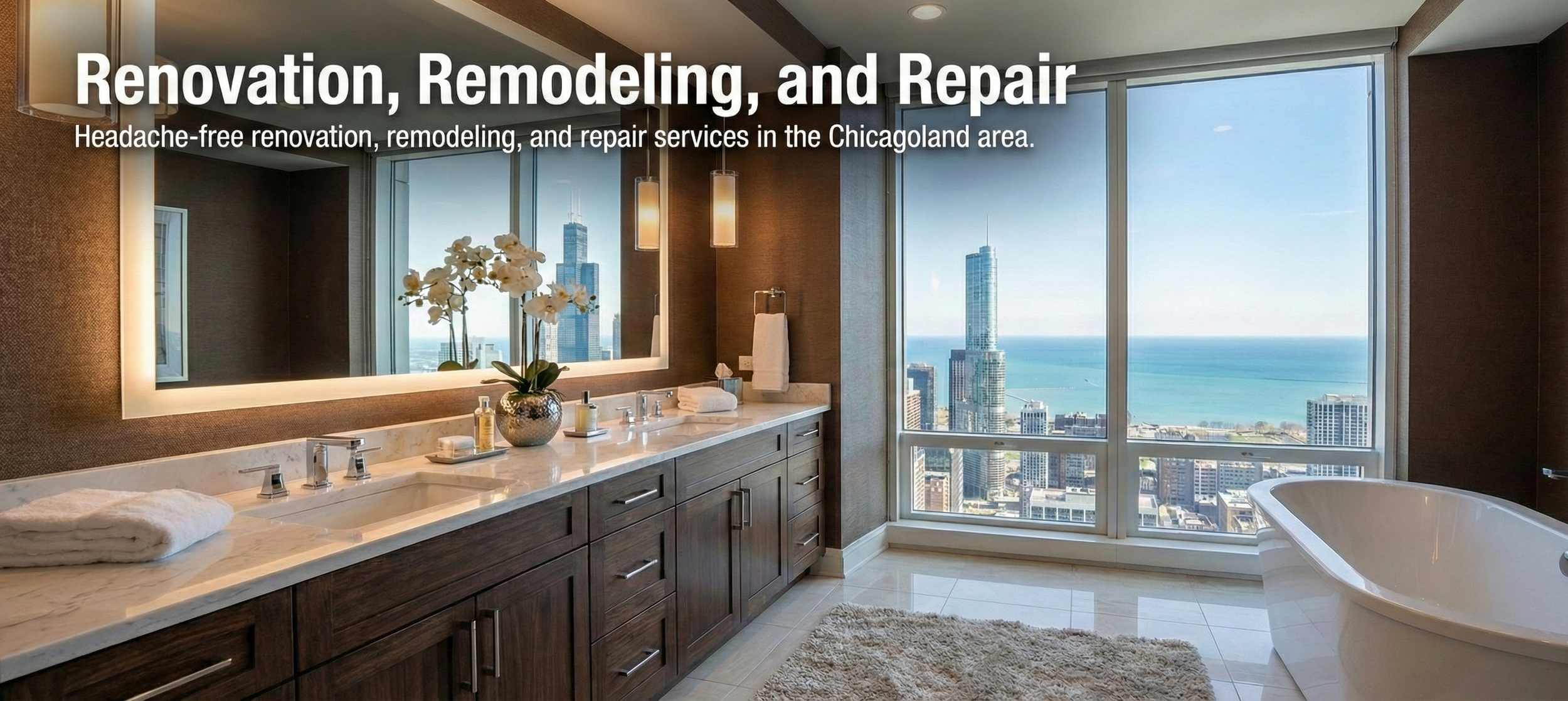 Modern bathroom with large window view of Chicago skyline and lake, featuring a bathtub, double sink vanity with a mirror, and decorative flowers.
