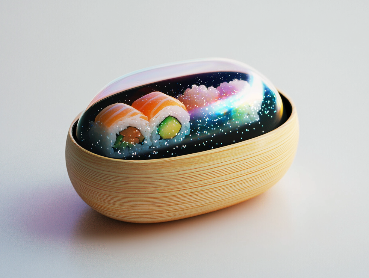 A wooden bowl containing a bowl with a galaxy pattern and miniature sushi rolls inside.