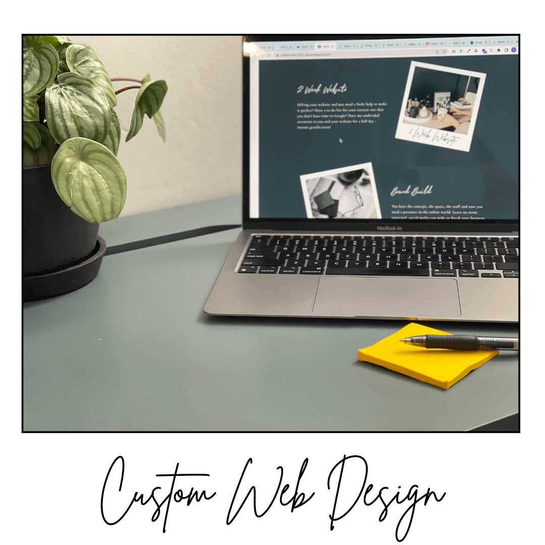 Gray desk with plant and laptop advertising custom squarespace web design