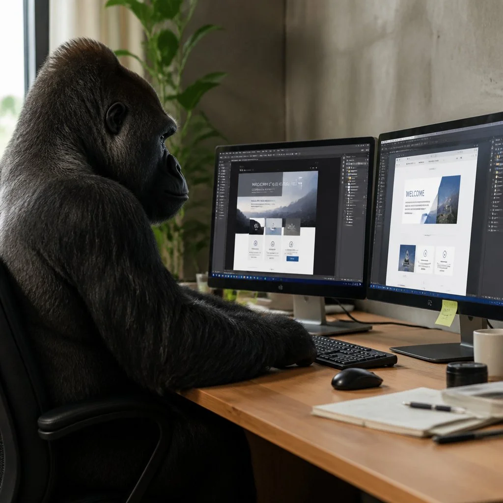 Gorilla sitting at a desk with multiple monitors working on a web design project