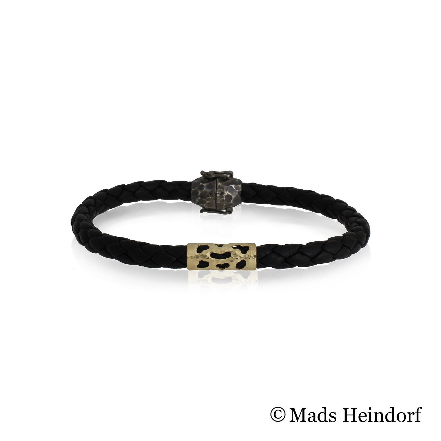 Håndlavet armbånd af 14K rødguld med sort flettet lædersnor fra kollektionen Papyrus.
