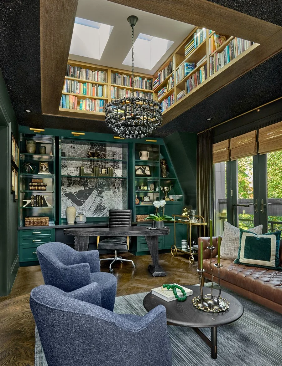 Living room with custom built-ins and natural light